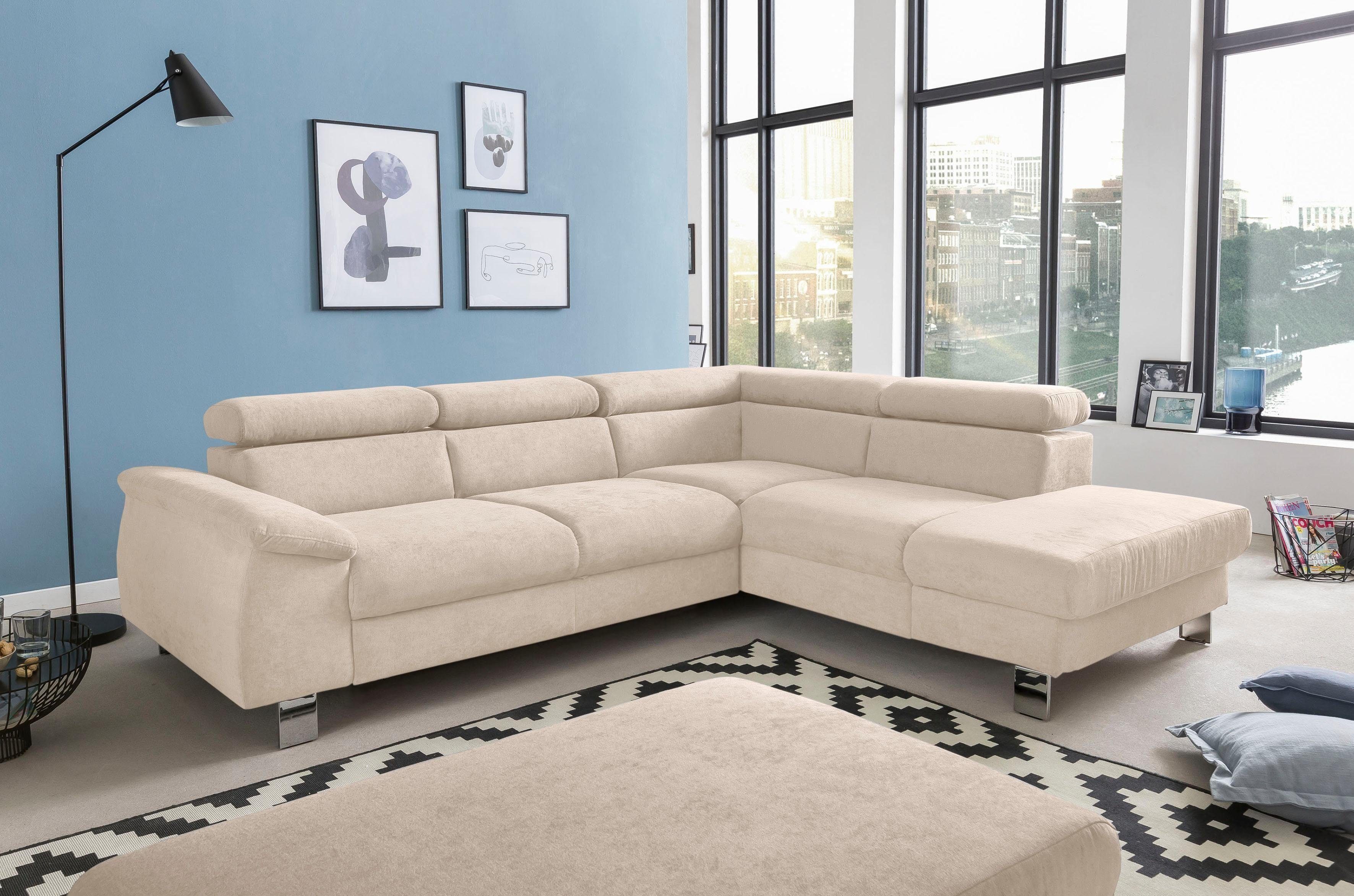 COTTA Zithoek Komaris Set: bestaand uit hoekbank en hocker, verstelbare hoofdsteun (set) beige, zithoeken, Ottomane rechts, Met slaapfunctie, met