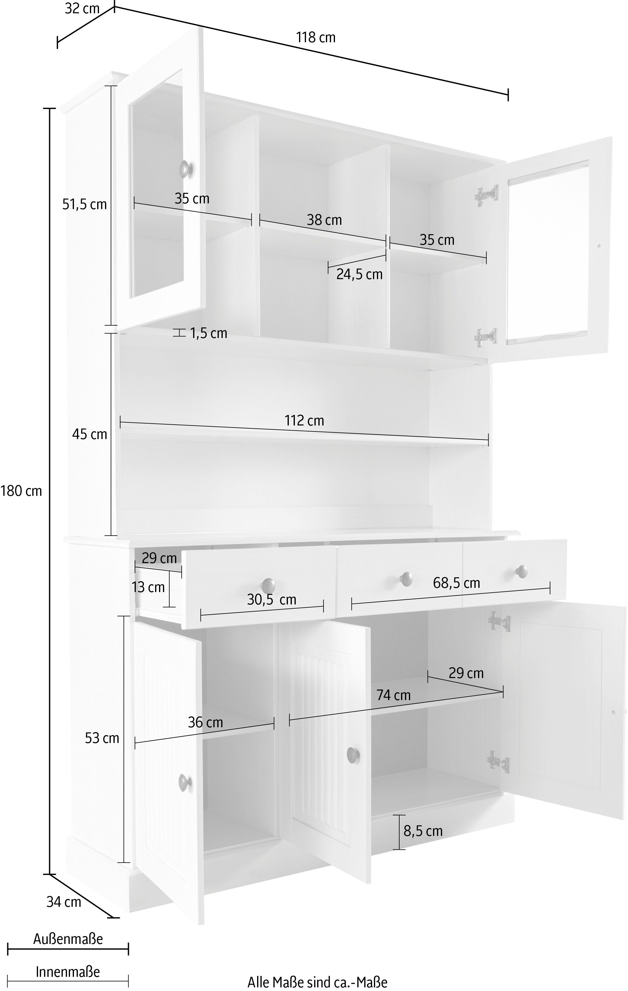 Home affaire Buffetkast Liotta met 2 laden en 6 verstelbare planken, massief grenen