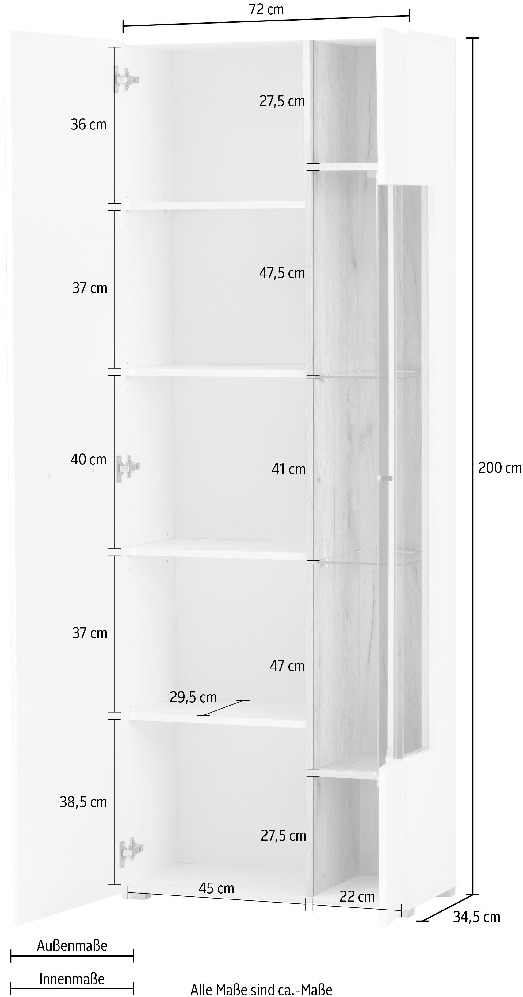 INOSIGN Vitrinekast Salerno Hoge kast, Glazen vitrine, Wit met Eik Evoke Decor, modern. Metalen handgrepen, voldoende opbergruimte, veelzijdig inzetbaar, 72 cm breed