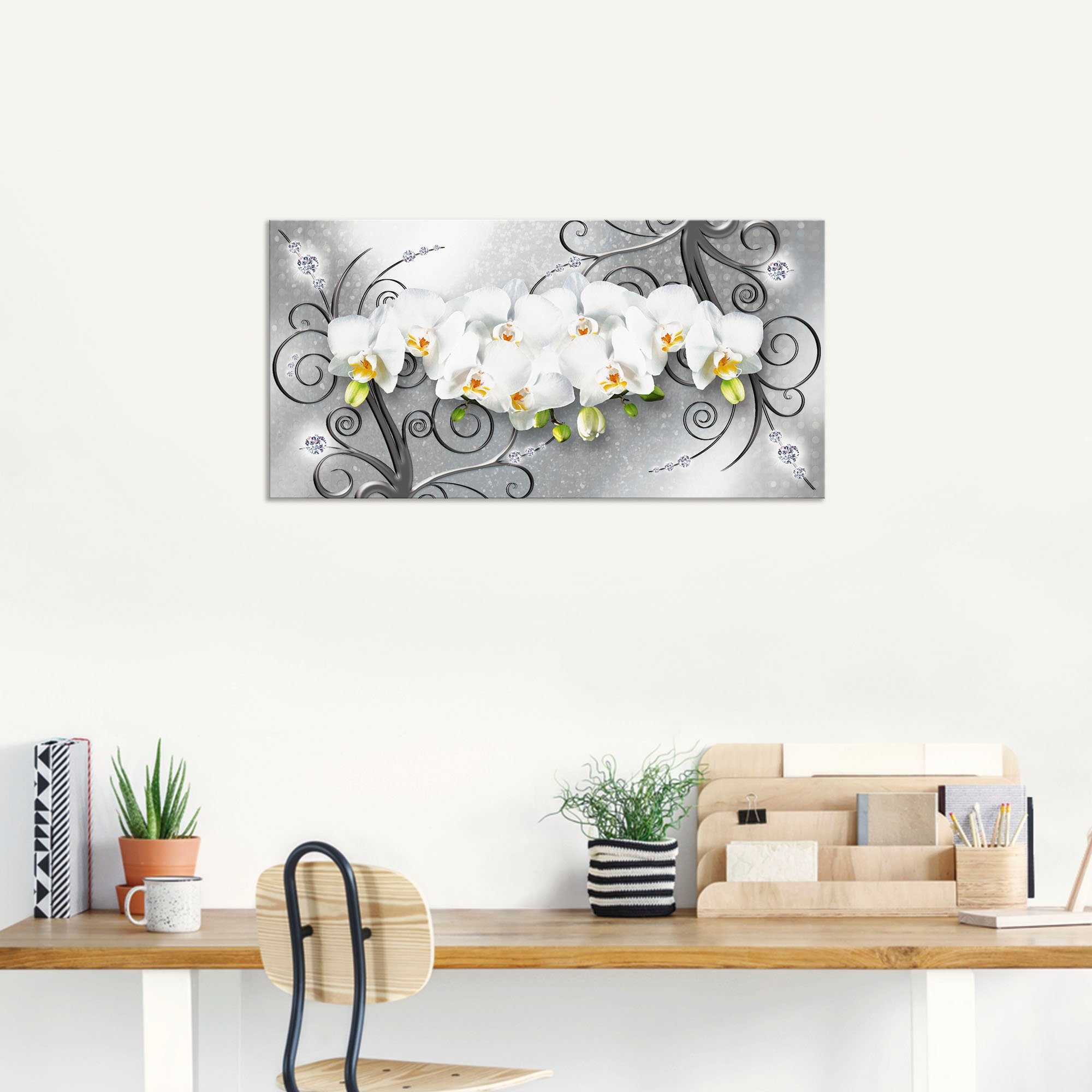 Artland Artprint Witte orchideeën op ornamenten als artprint van aluminium, artprint voor buiten, artprint op linnen, poster, muursticker
