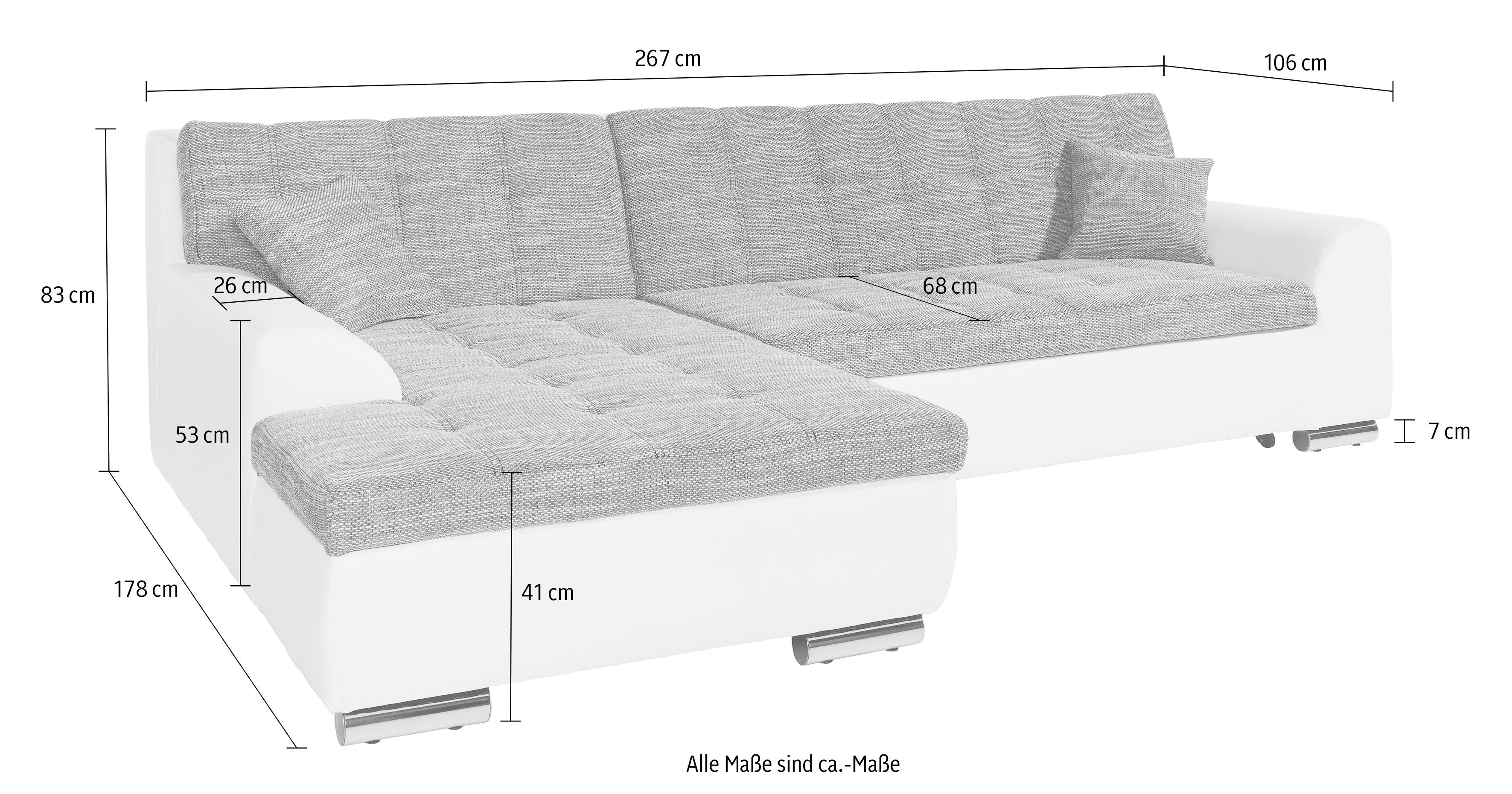 DOMO collection Hoekbank Treviso veel bekledingen, ook in cord, L-vorm, B/D/H: 267/80/83 cm optioneel met slaapbank functie, incl. sierkussens, hoogwaardig doorgestikt patroon