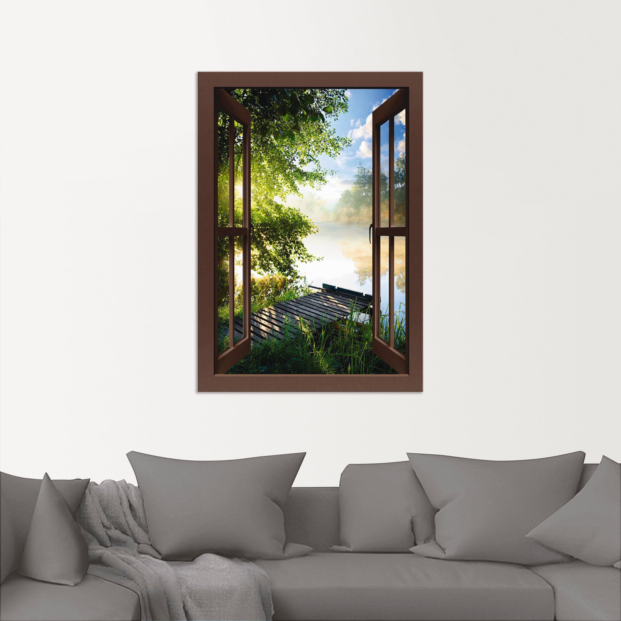 Artland Artprint Blik uit het venster visplek bij de rivier als artprint van aluminium, artprint voor buiten, artprint op linnen, poster, muursticker
