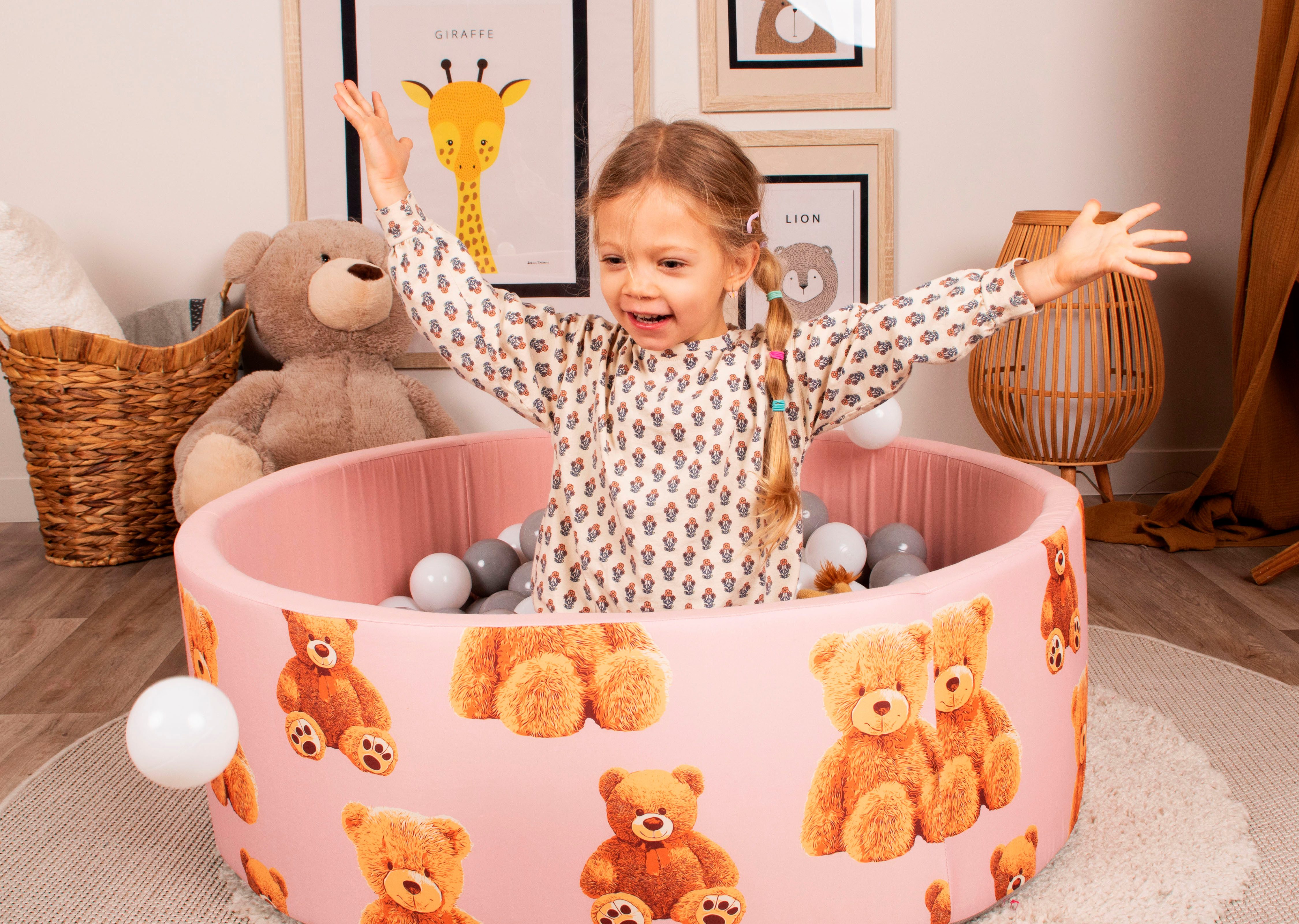 Knorrtoys® Ballenbak Soft, teddy pink met 150 ballen grijs/wit/transparant, gemaakt in europa