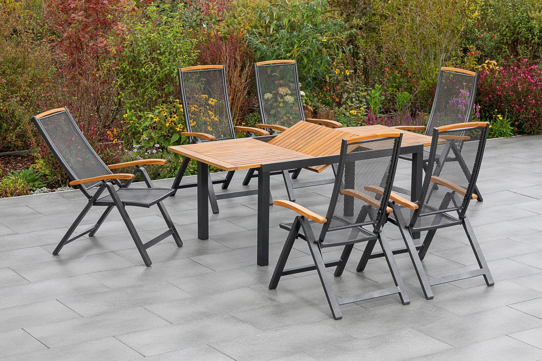MERXX Tuin-eethoek Tilos 6 klapstoelen met uittrekbare tafel (7-delig)