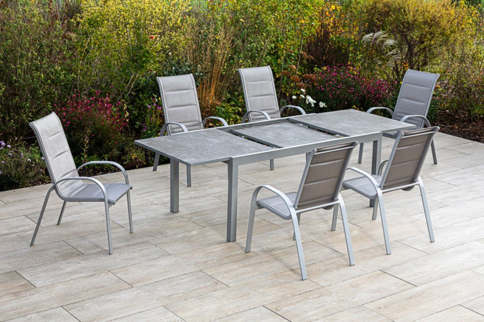 MERXX Tuin-eethoek Amalfi di lusso 6 stapelstoelen met uitschuifbare tafel (180 - 250 cm) (7-delig) tuinsets grijs