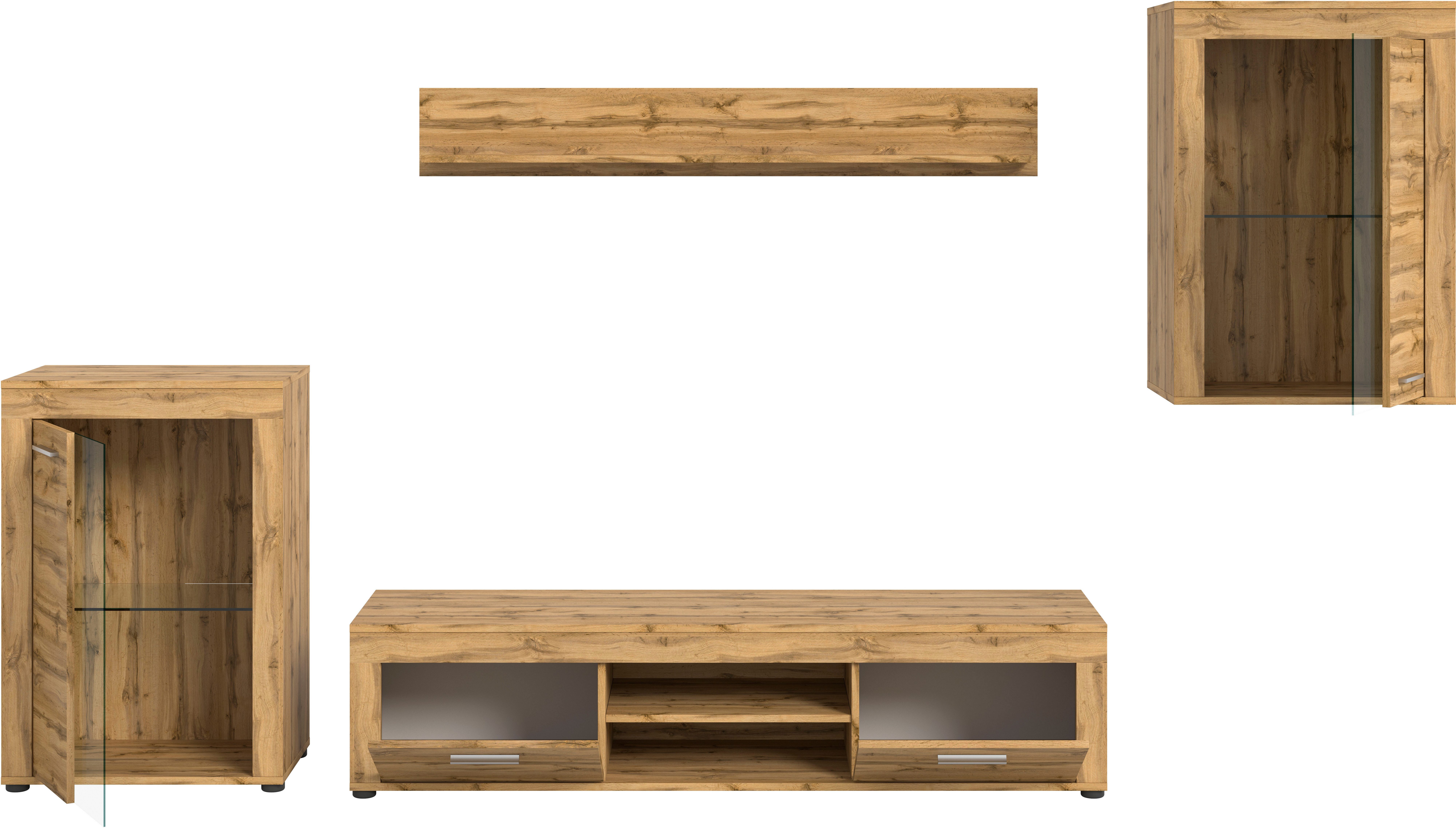 INOSIGN Wandmeubel Aosta, 4-delig, bestaande uit: 2x vitrinekast, lowboard & wandplank (4-delig)