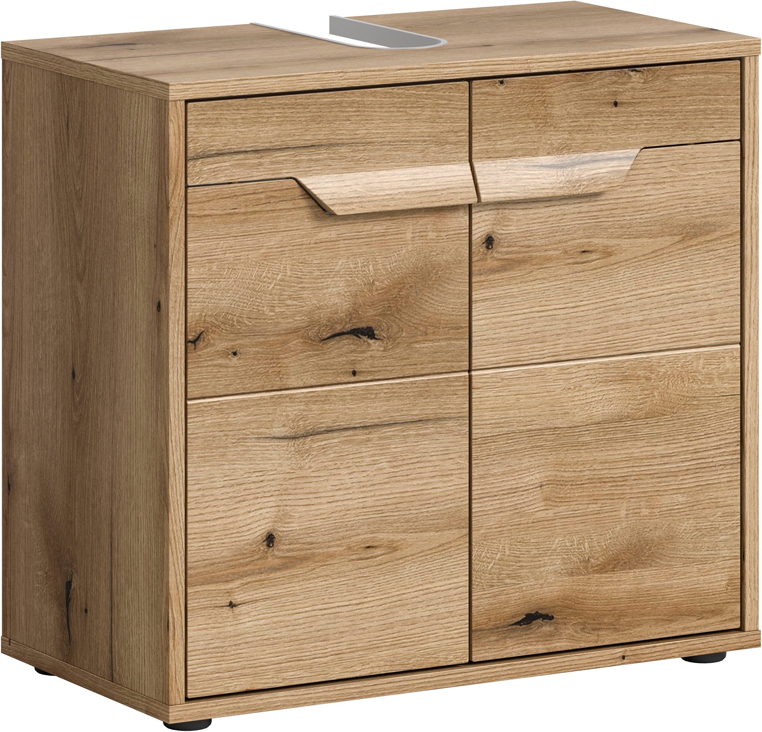 welltime Wastafelonderkast Kayu, breedte 64 cm, 2 deuren, 1 plank uniek grepenontwerp, badkast, badmeubels, badkamer, bad onderkasten beige