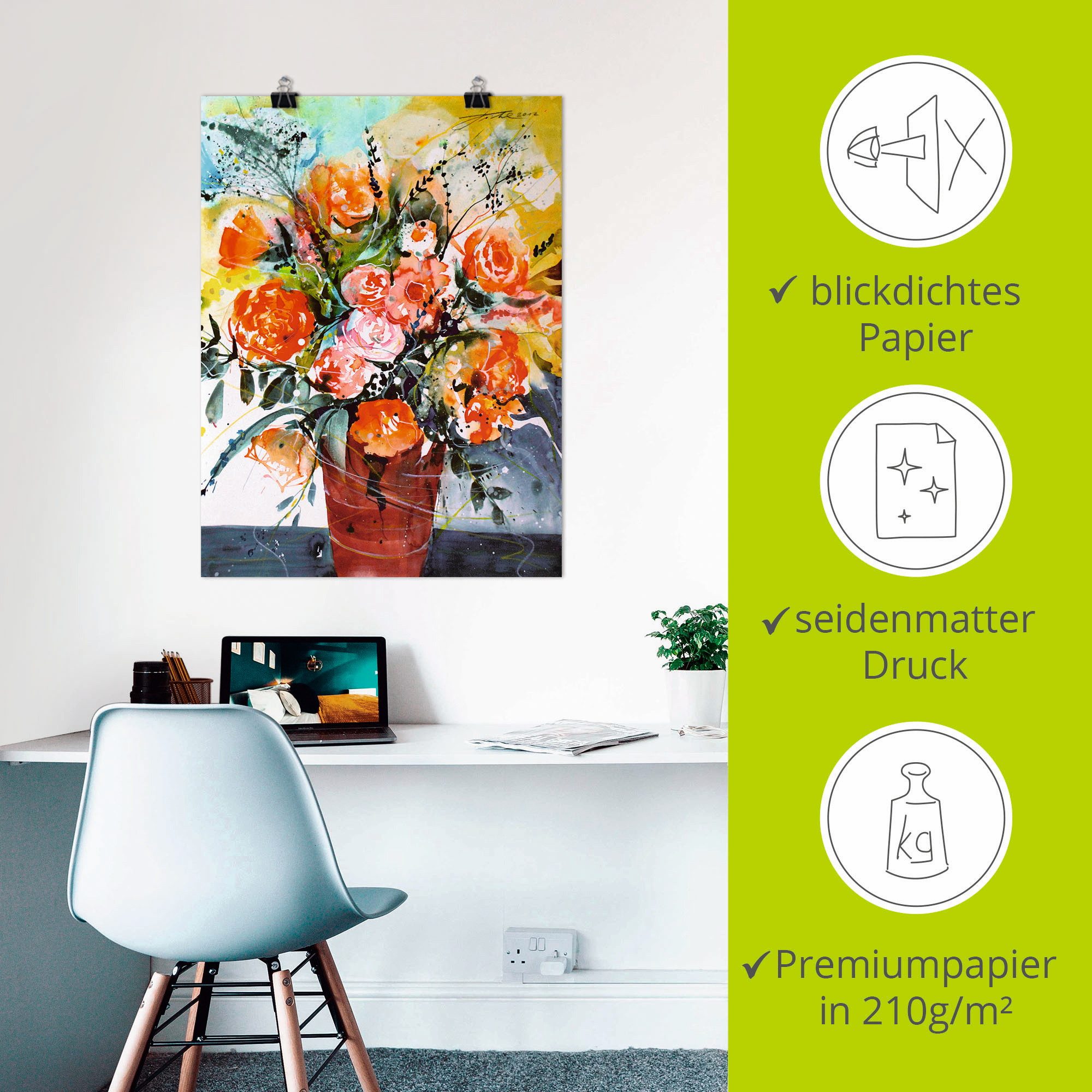 Artland Poster Rozen in bruine vaas als artprint van aluminium, artprint op linnen, muursticker of poster in verschillende maten