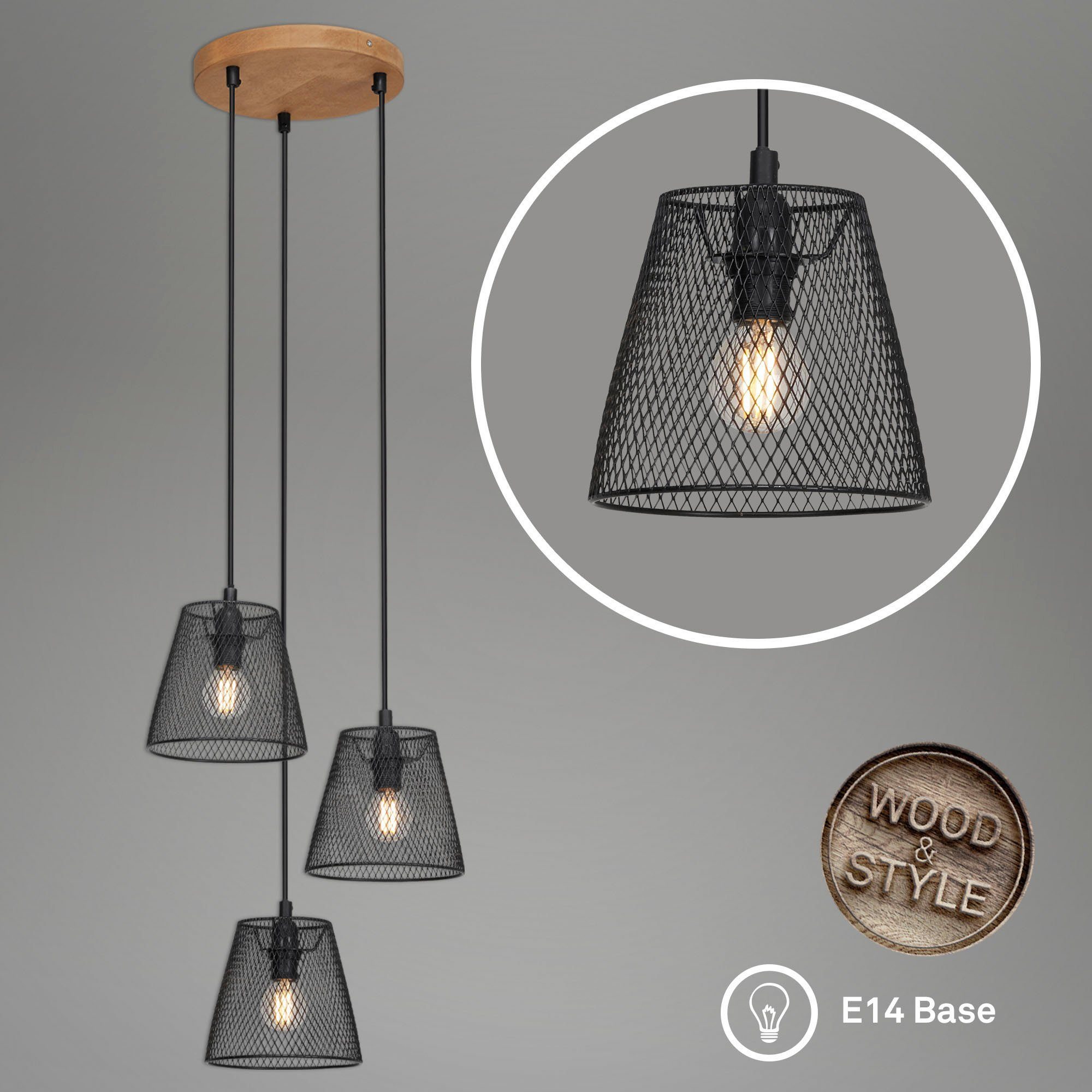 Briloner Leuchten Hanglamp TAUNUS 3-vlamig, retro/vintage, metalen kap en houten basis, zwart, 21 cm (1 stuk)