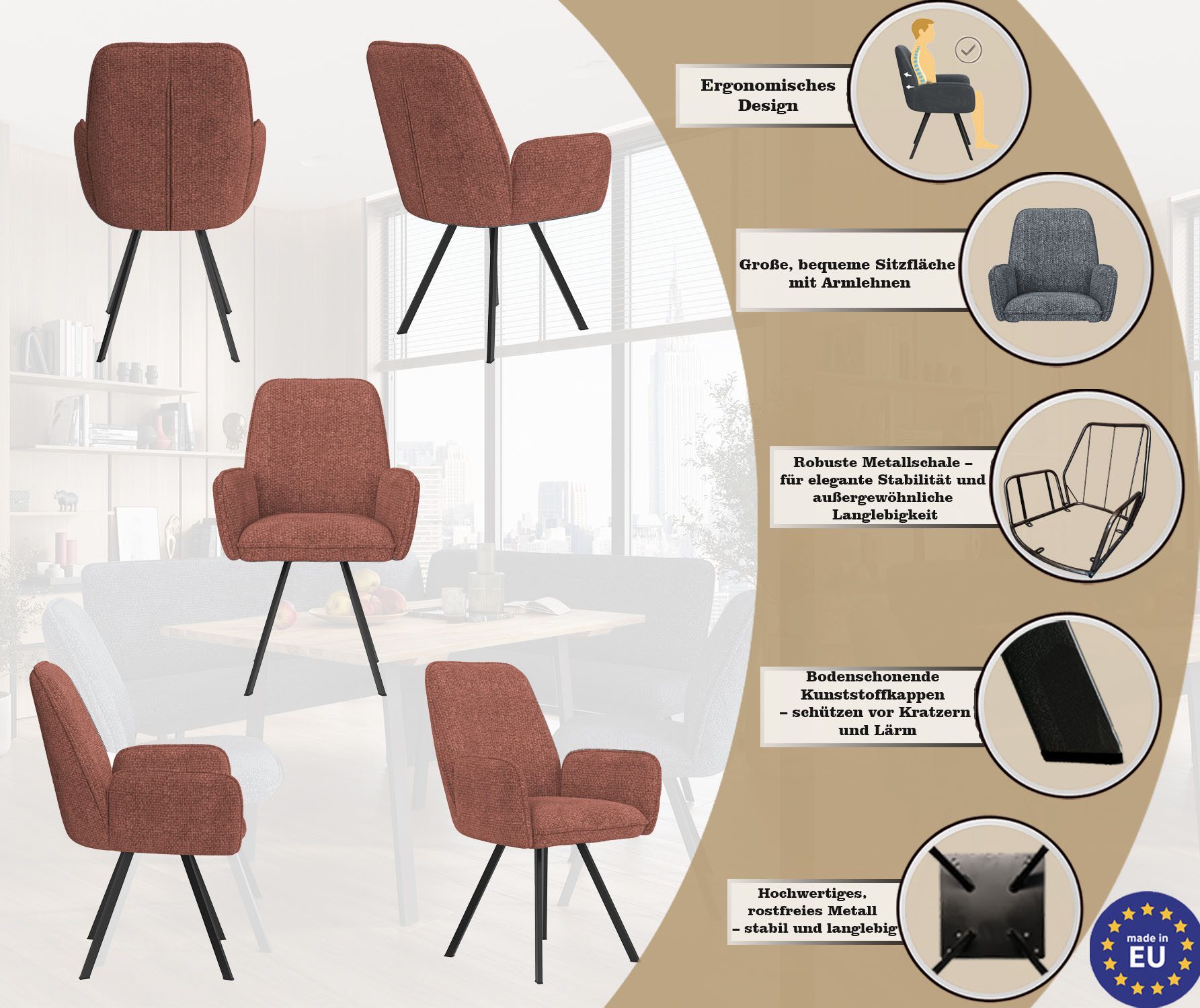 Home affaire Stoel met armleuningen Mily eetkamerstoel, gestoffeerde fauteuil, woonstoel, eetstoel met armleuningen (set, 2 stuks)