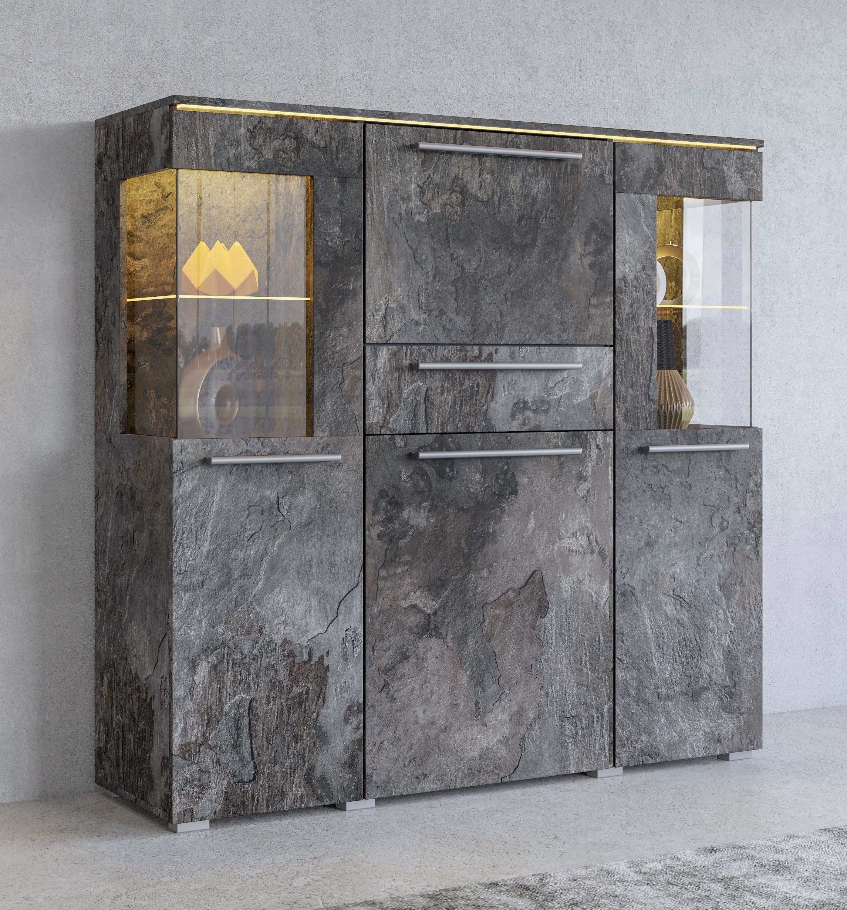 INOSIGN Highboard India, breedte 130cm, stijlvolle hoge kast met 3 deuren, klep en lade