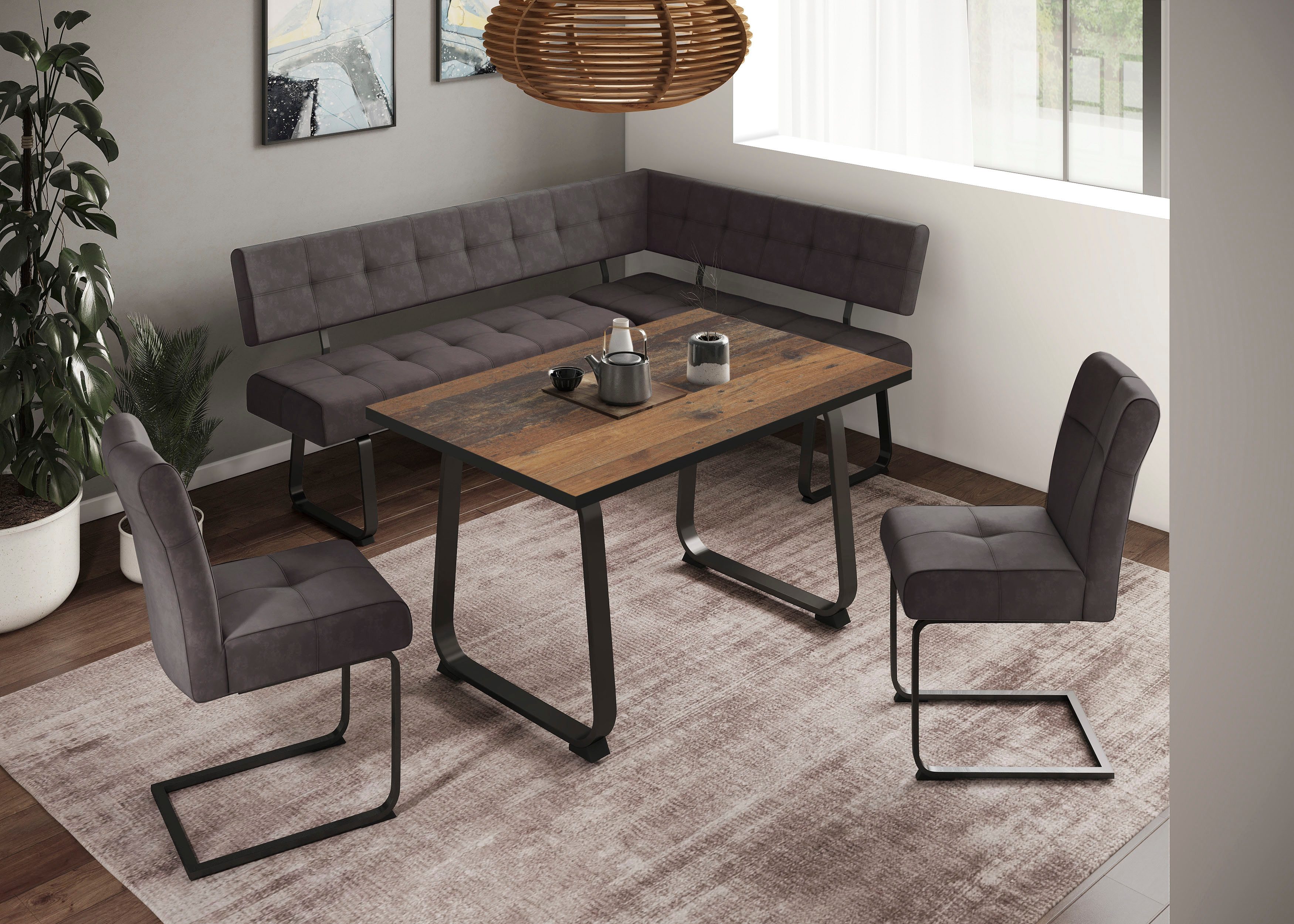 HELA Eethoek RUHR Kufentafel 140x90 cm, schommelstoel en bank met verenmand, comfortzit (4-delig)