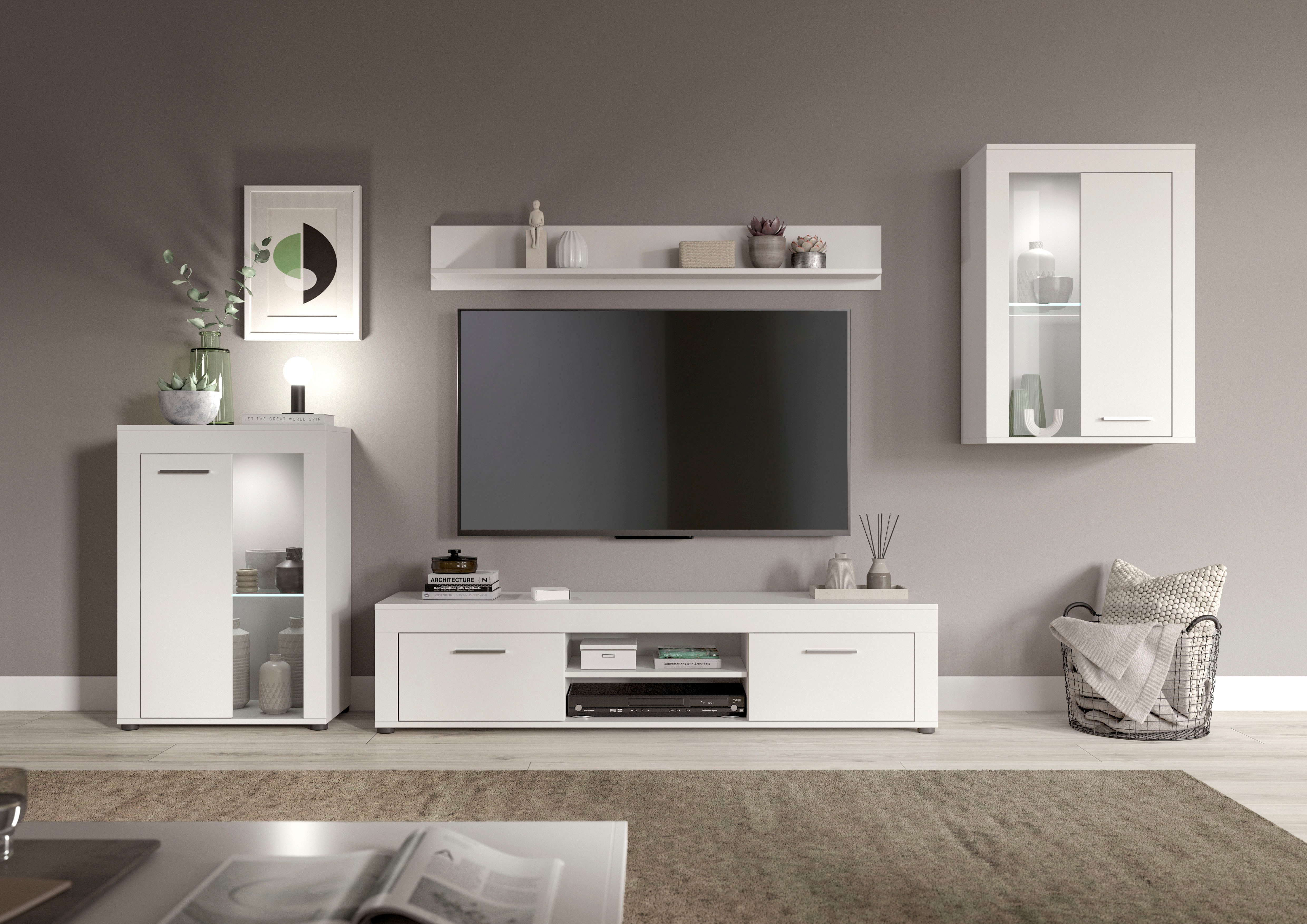 INOSIGN Wandmeubel Aosta, 4-delig, bestaande uit: 2x vitrinekast, lowboard & wandplank (4-delig) tv-wandmeubels wit