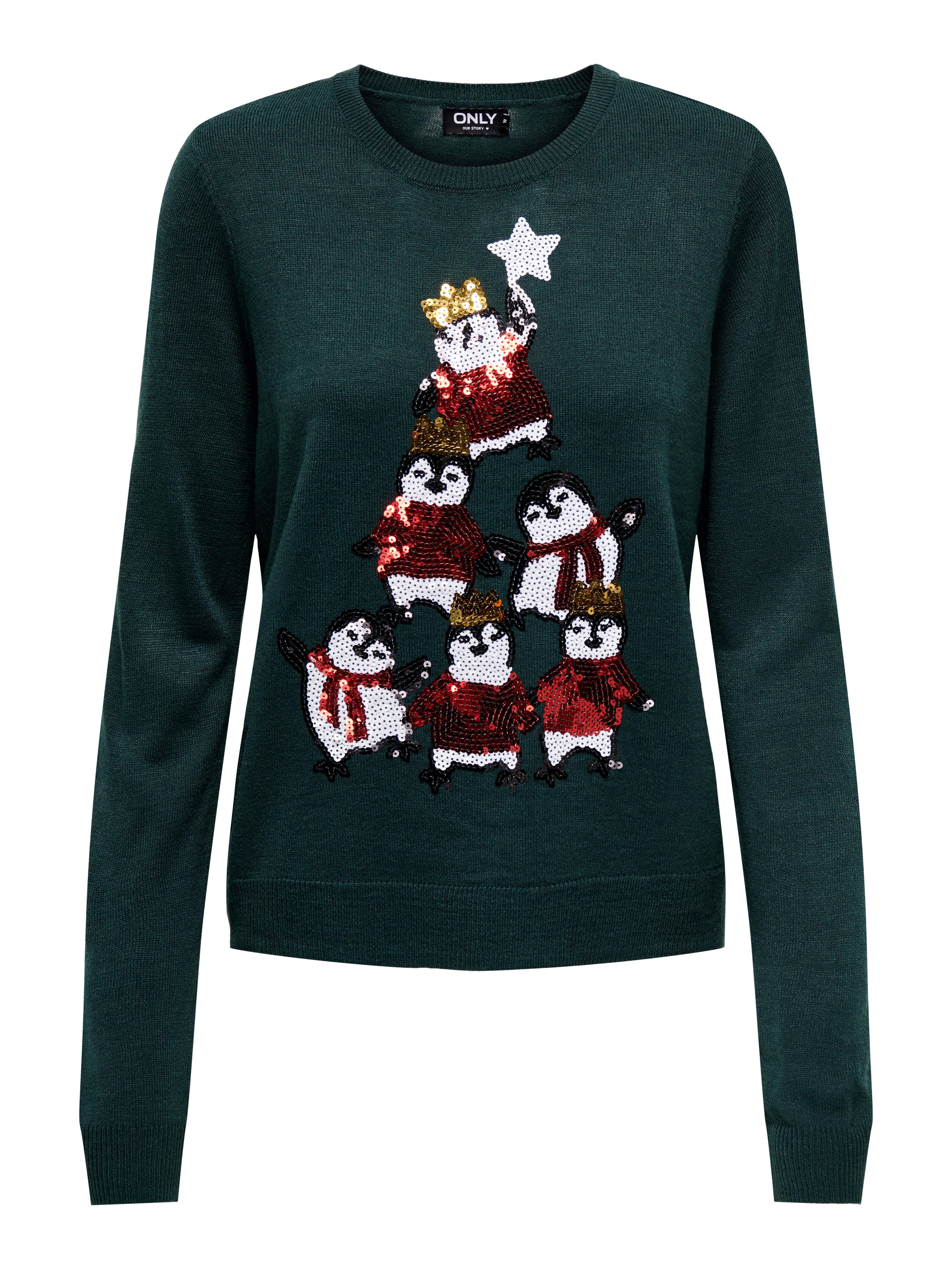Only Kersttrui ONLXMAS PENGUIN TREE LS O-NECK RP KNT