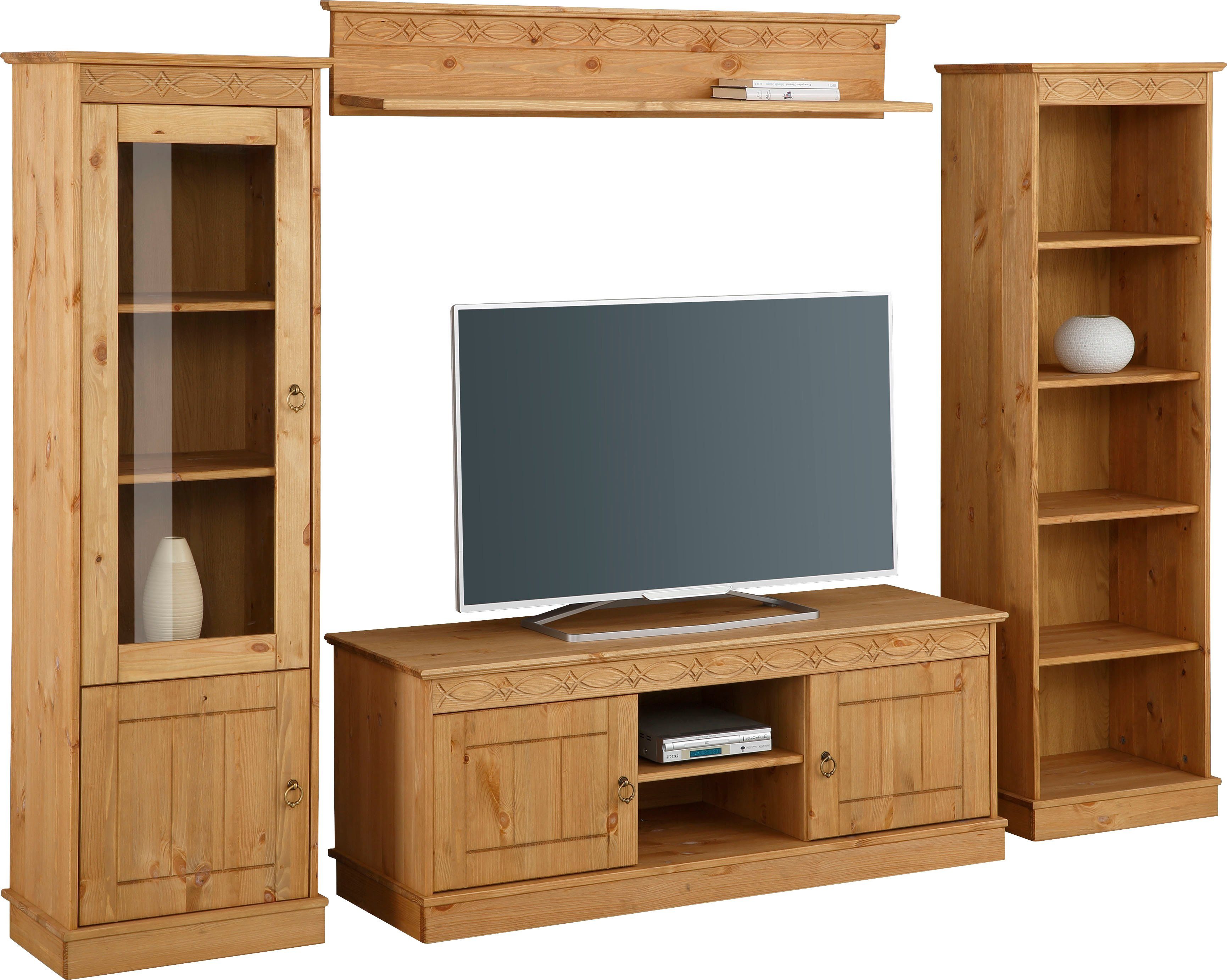 Home affaire Wandmeubel Indra 4-delig set: vitrinekast, lowboard, wand- & staande plank, massief dennenhout (set, 4-delig) tv-wandmeubels beige