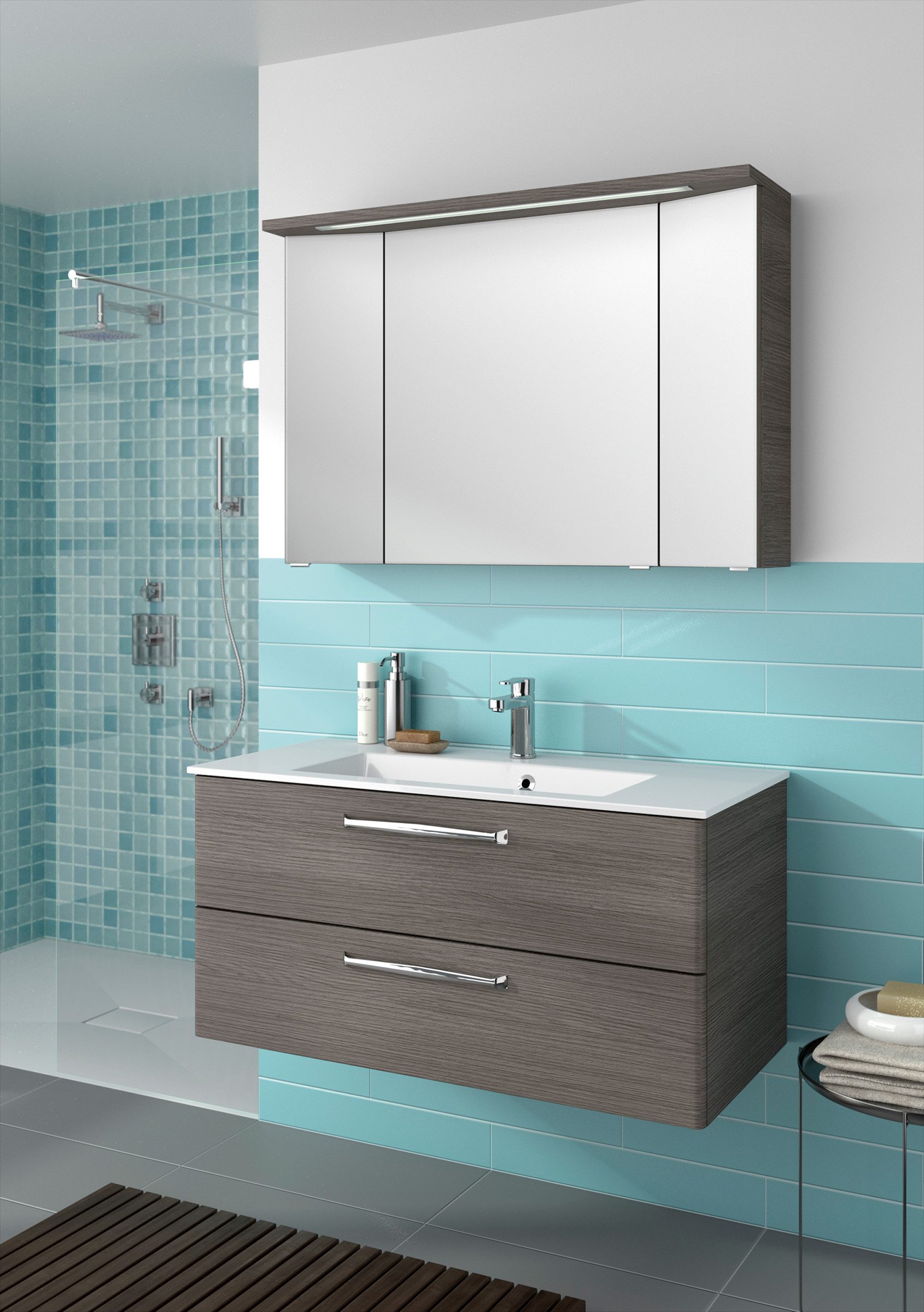Saphir Badmeubelset Trentino 2-delig mineralen marmer wasbak met LED spiegelkast Badkamermeubel-set 107cm breed, incl. deurdemper, 3 deuren, 2 lades (3 stuks)