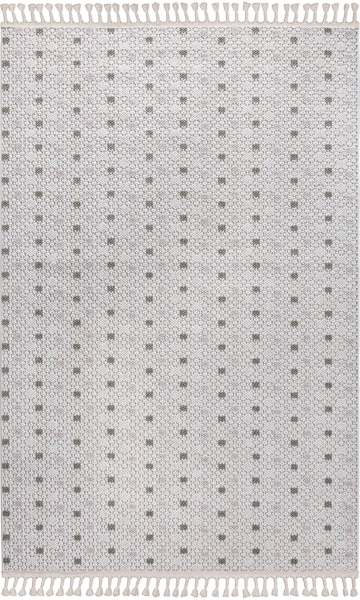 Bruno Banani Vloerkleed Dotty Wol-look, hoog-laag structuur, geschikt voor binnen en buiten, met franjes
