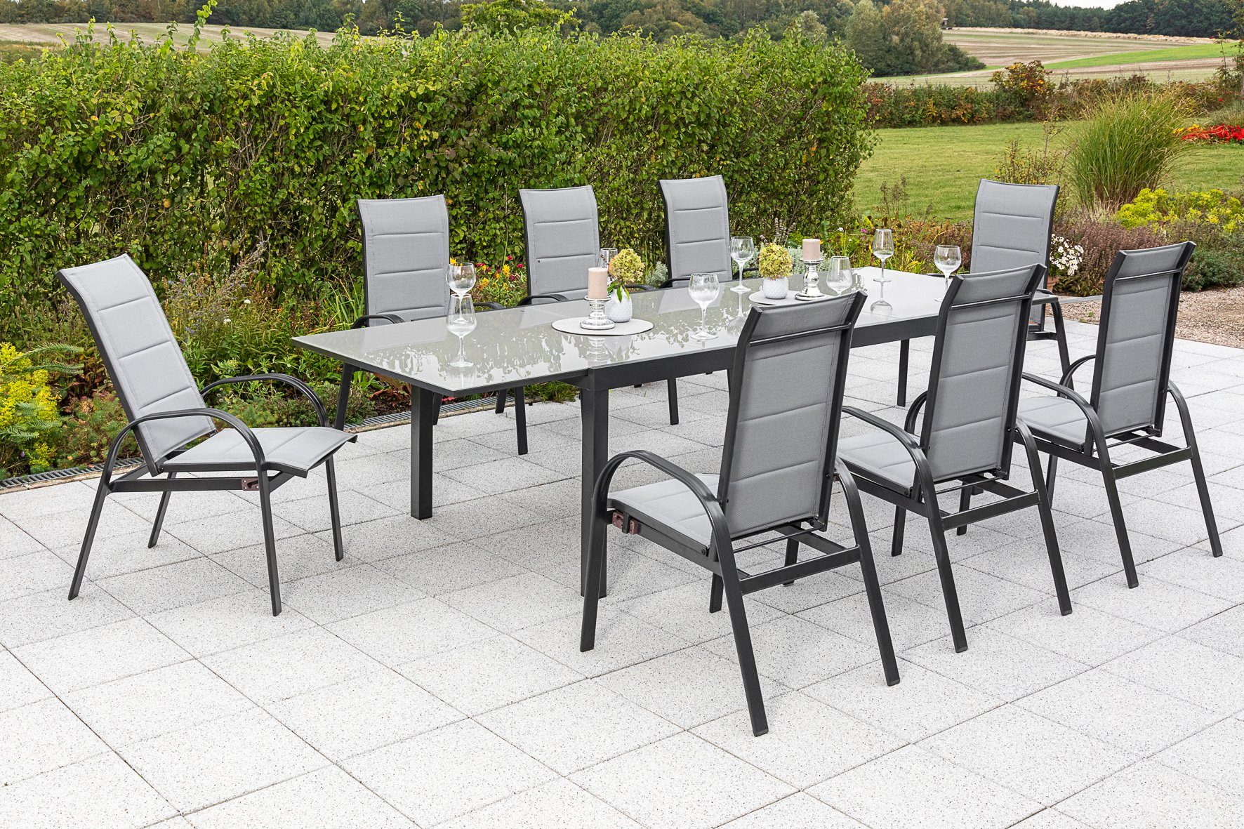 MERXX Tuin-eethoek Marini 8 klapstoelen, uittrekbare tafel (9-delig) tuinsets grijs