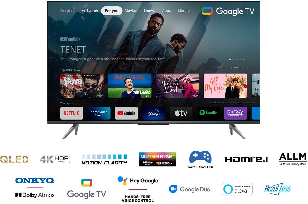 TCL QLED-TV 43C735X2, 108 cm / 43", 4K Ultra HD, Smart TV - Google TV, HDR premium, Dolby Atmos, HDMI 2.1, metalen kast, ONKYO-geluid