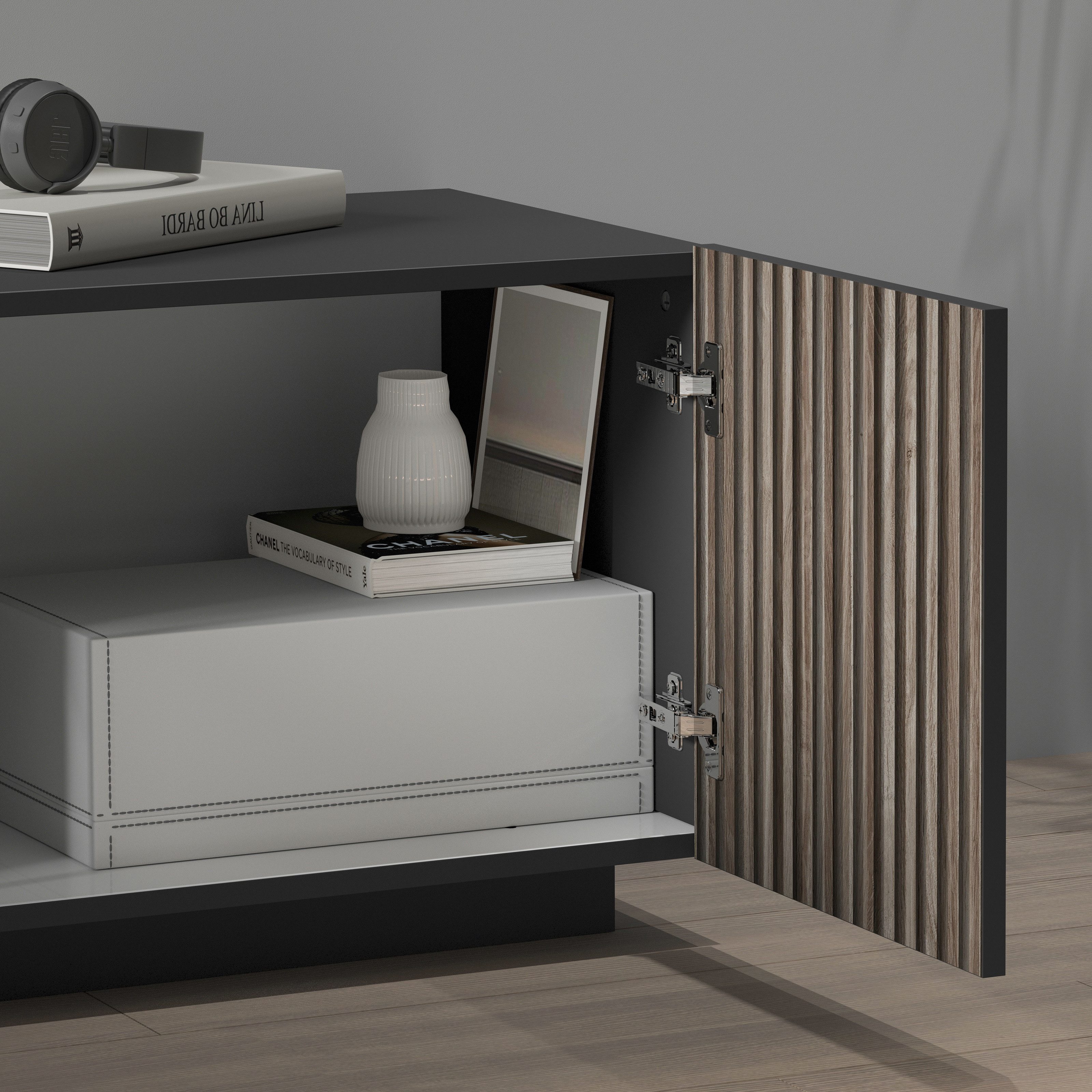 INOSIGN Tv-meubel Vega, Lowboard, TV-meubel, TV-kast, 220 cm met 4 deuren en 1 lade, fronten met groeflook