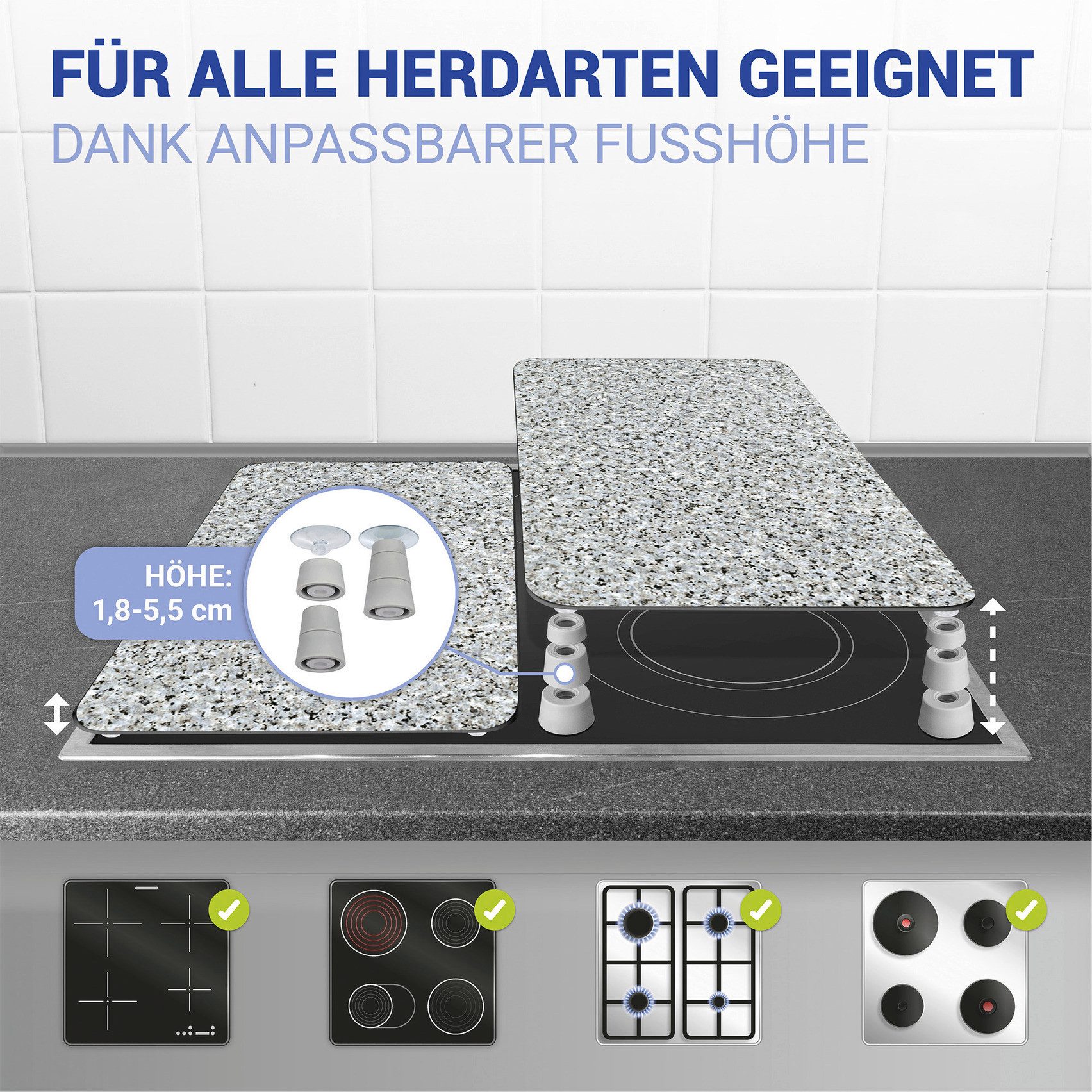 WENKO Kookplaatdeksel Universal Model Granit Kookplaatafdekking voor alle soorten kookplaten, krasvast, met antislipvoetjes (set, 2-delig)