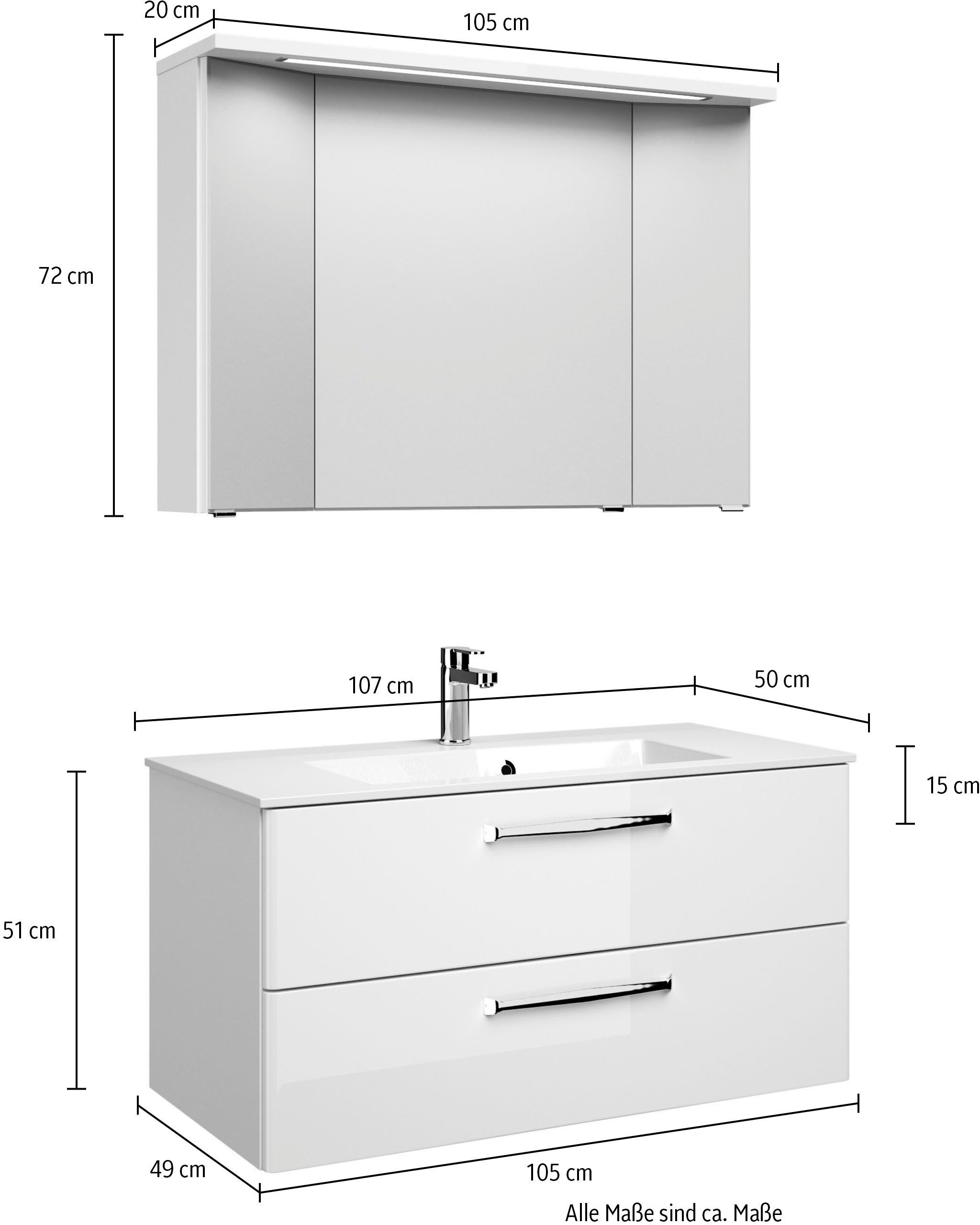 Saphir Badmeubelset Trentino 2-delig mineralen marmer wasbak met LED spiegelkast Badkamermeubel-set 107cm breed, incl. deurdemper, 3 deuren, 2 lades (3 stuks)