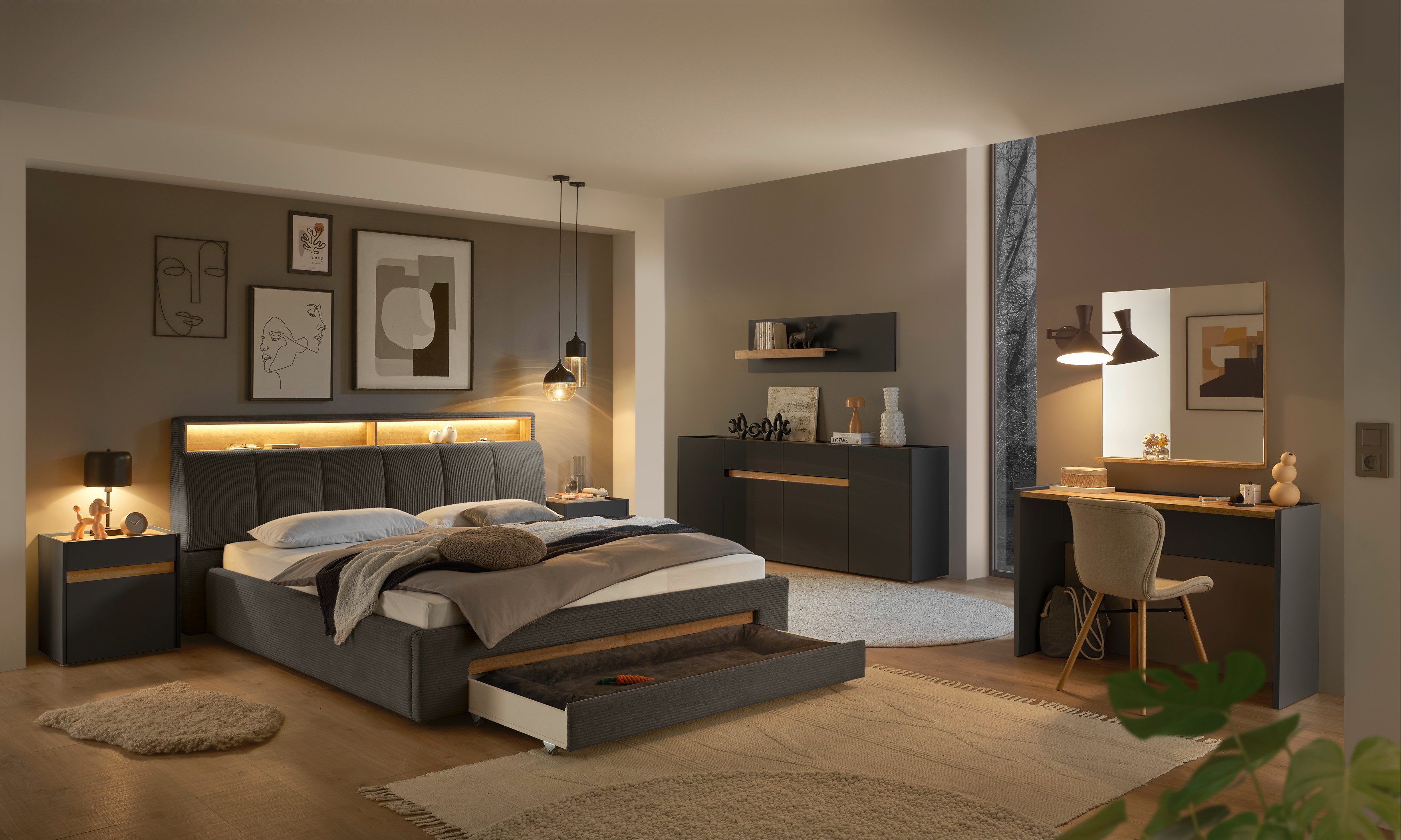 INOSIGN Gestoffeerd bed CiTY/GiRON,, gepolsterd opbergbed, met LED-verlichting Bedkisten met hondenbed of als opbergruimte, opklapbare hoofdeinden