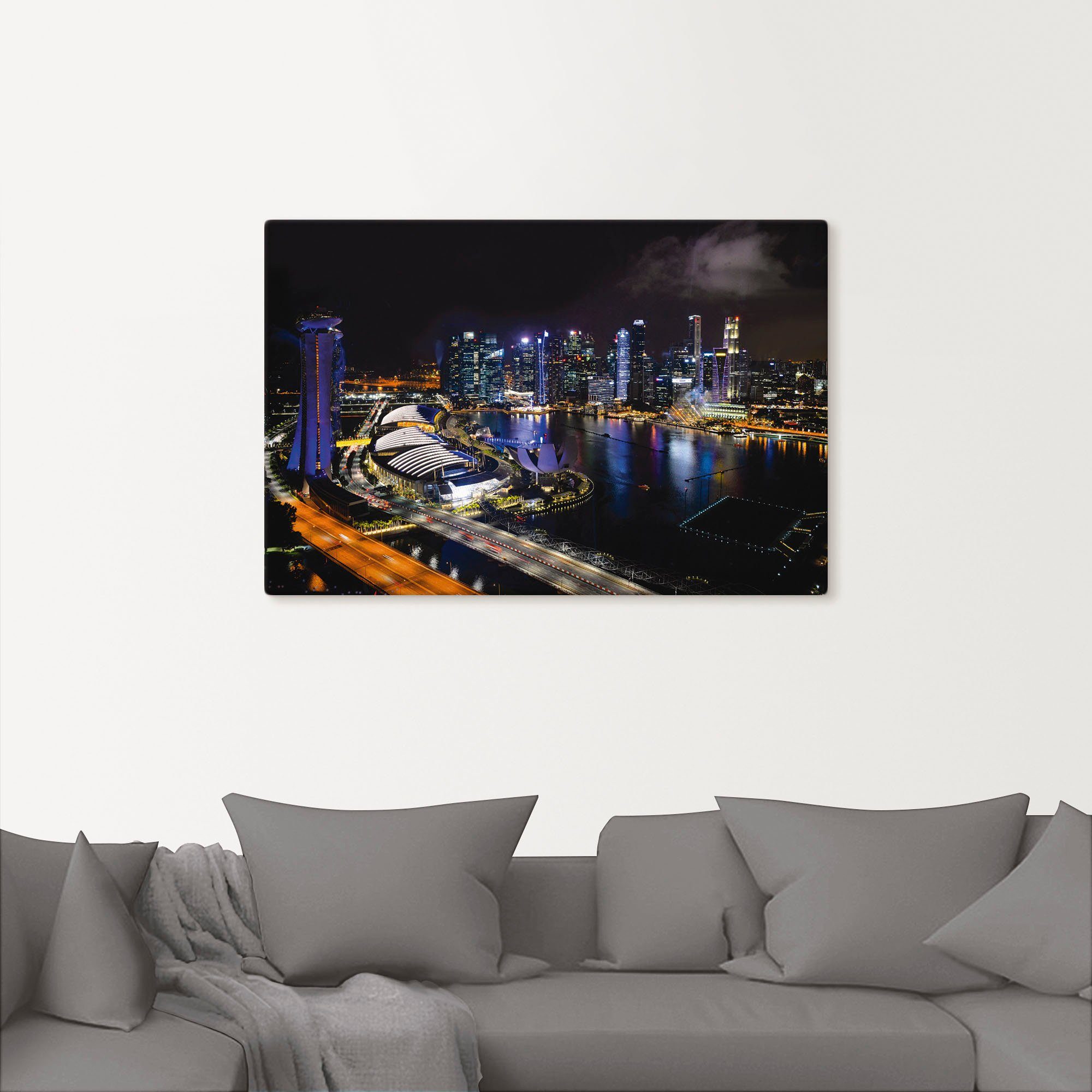 Artland Artprint op linnen Singapoer 's nachts gespannen op een spieraam