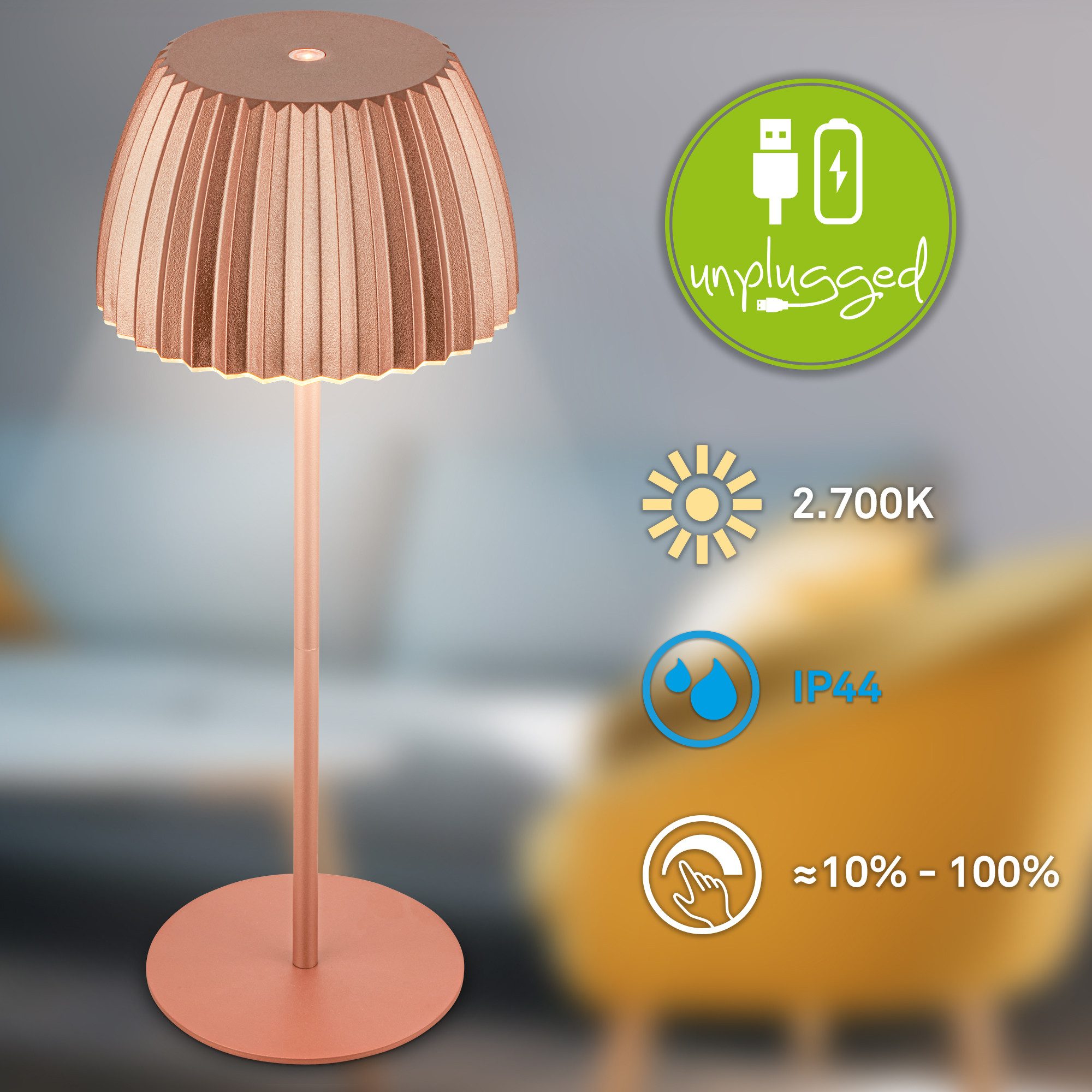 Briloner Leuchten Led-tafellamp Accu LED tafellamp, koperkleurig