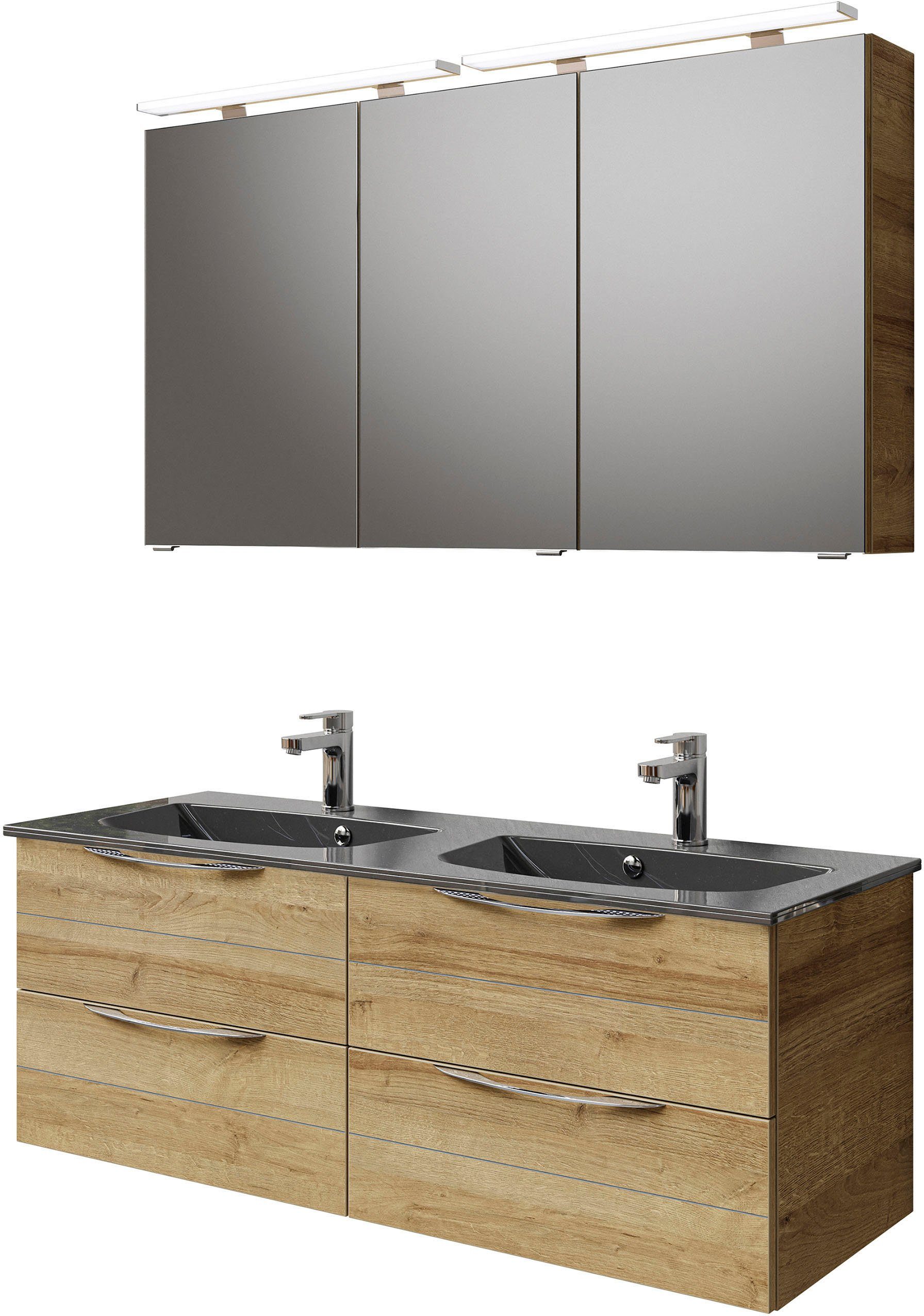 Saphir Badkamerserie Serie 6025 2-delig, mineraalmarmeren wastafel met led-spiegelkast Wastafelmeubel 132 cm breed, 4 laden, 2 spiegeldeuren, incl.