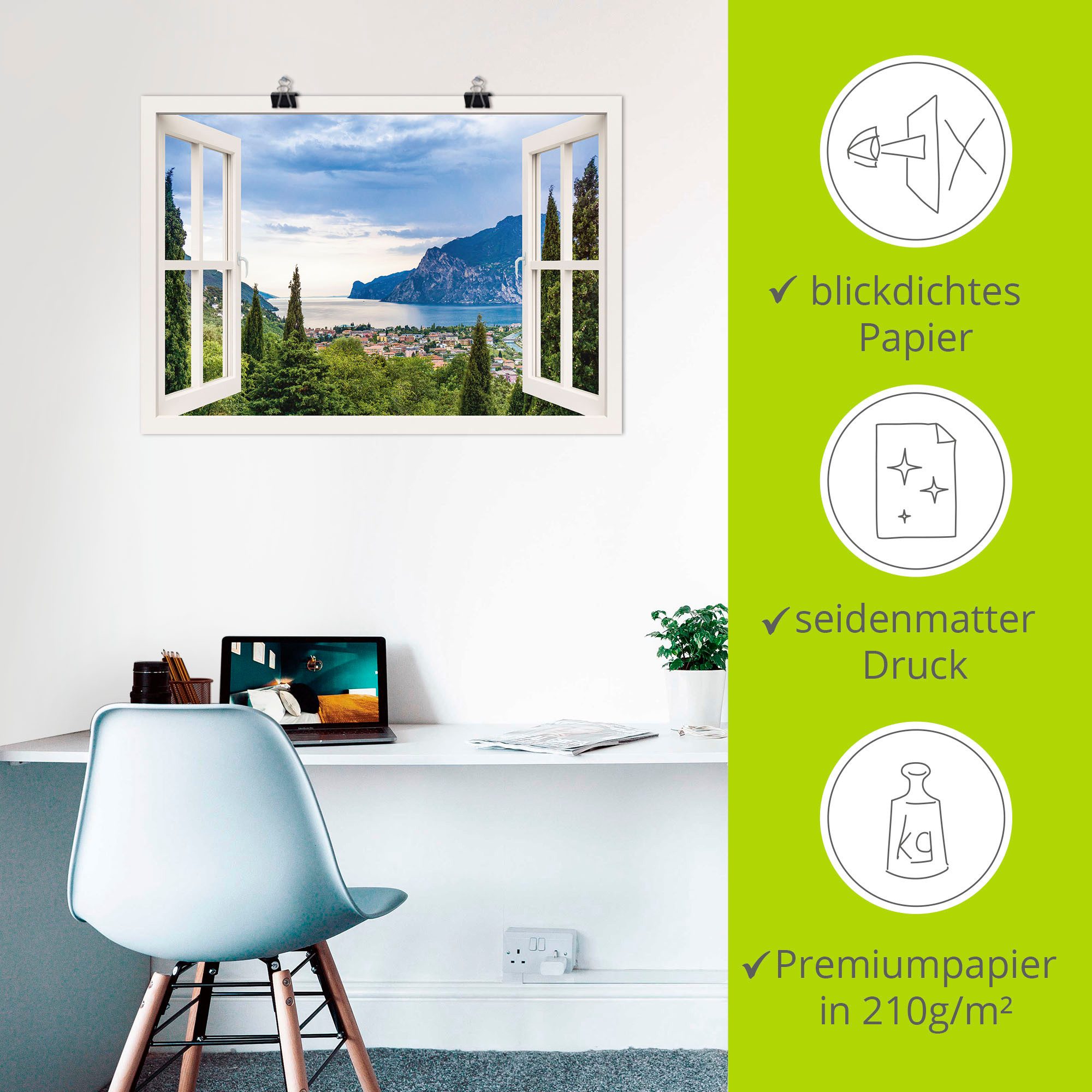Artland Artprint Gardameer door het witte raam als artprint van aluminium, artprint voor buiten, artprint op linnen, poster, muursticker