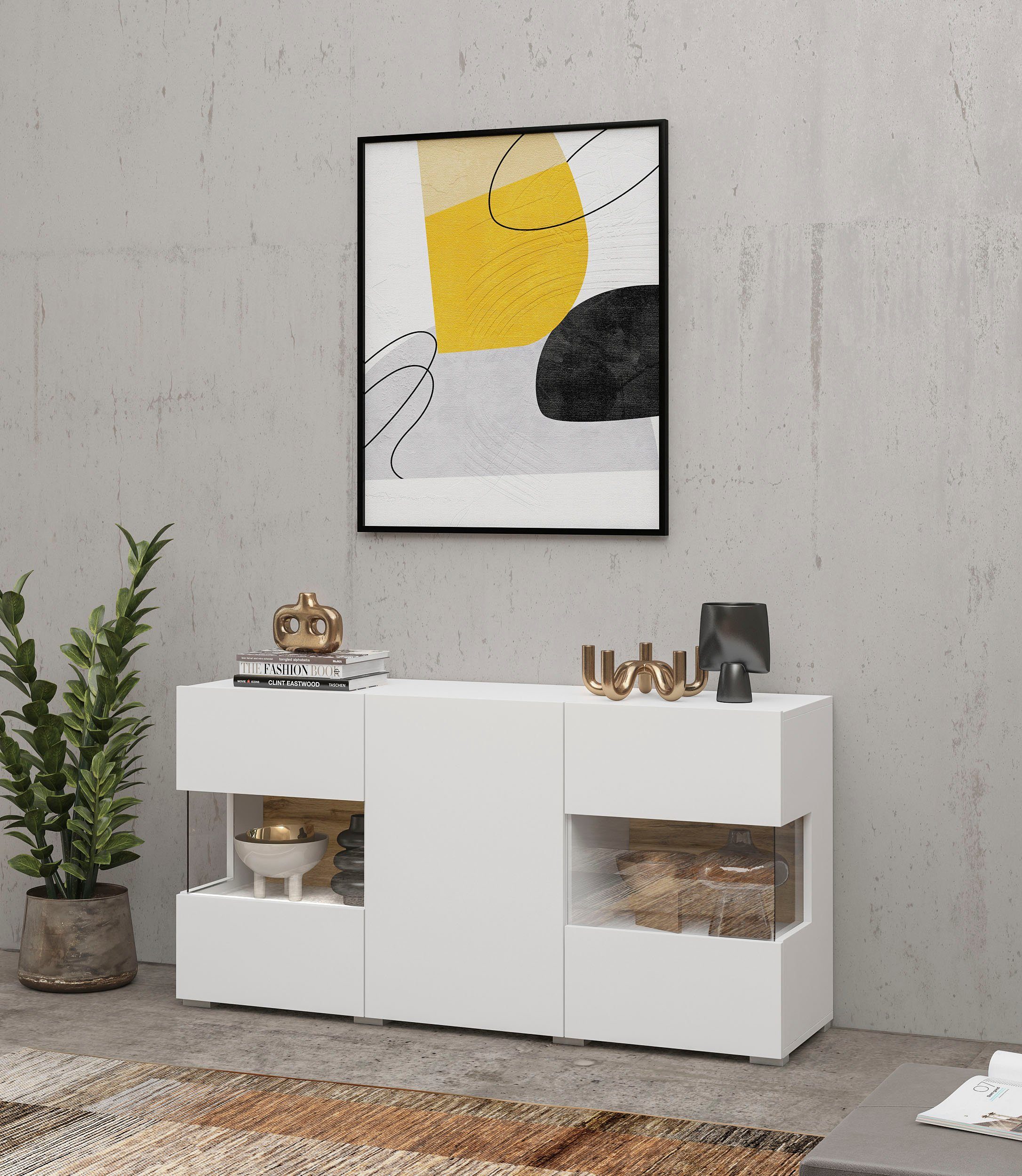 INOSIGN Dressoir Ava, breedte 120 cm, hangend en staand te monteren moderne grepless commode, buffet, 3 deuren, hoekverglasingen