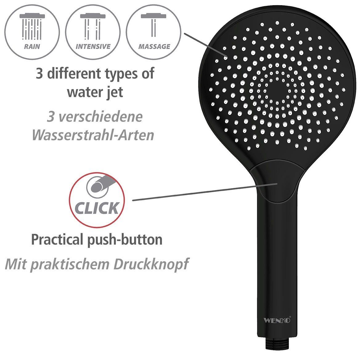 WENKO Handsproeier Watersaving Zwart mat, Ø 12 cm (1-delig)