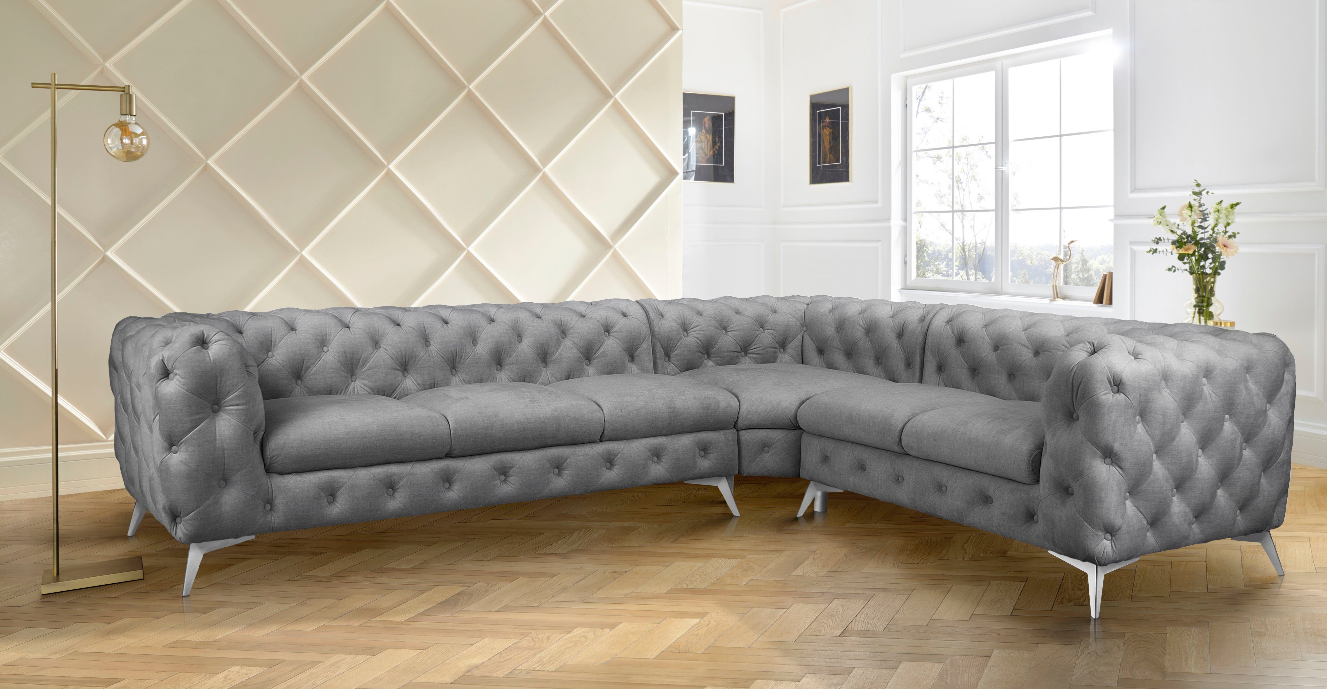 Leonique Chesterfield-bank Glynis L-vorm luxueuze capitonnage, moderne chesterfield look, kleur van de poten ter keuze