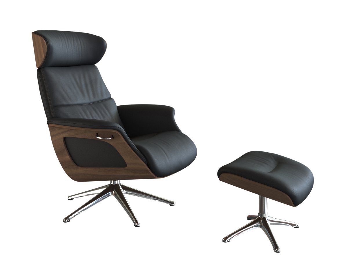FLEXLUX Relaxfauteuil Clement relaxstoel, gestoffeerde stoel, ligstoel, TV-stoel, Rug- & hoofdverstelling, draaibaar, armleuning walnoot, voet aluminium
