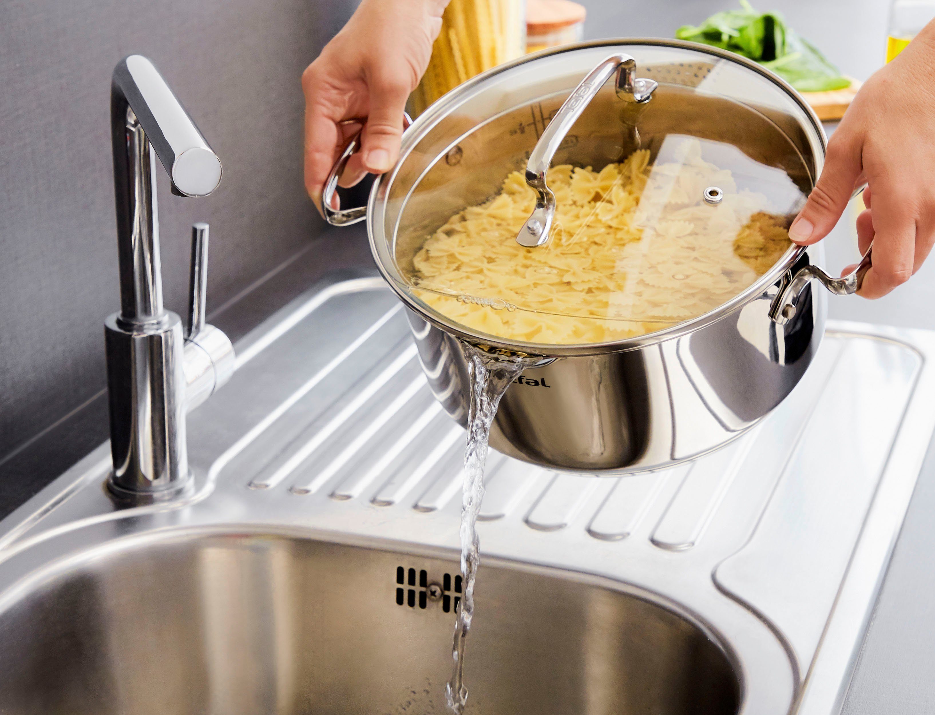 Tefal Kookpan Duetto+ hoogglans gepolijst, glazen deksel met zeeffunctie