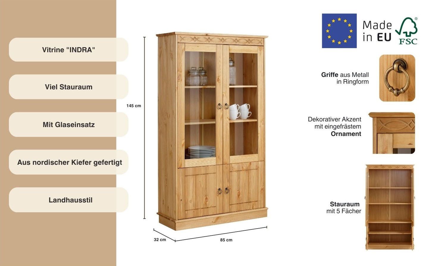 Home affaire Vitrinekast Indra van massief dennenhout, fsc®, hoogte 145 cm, discreet ornament