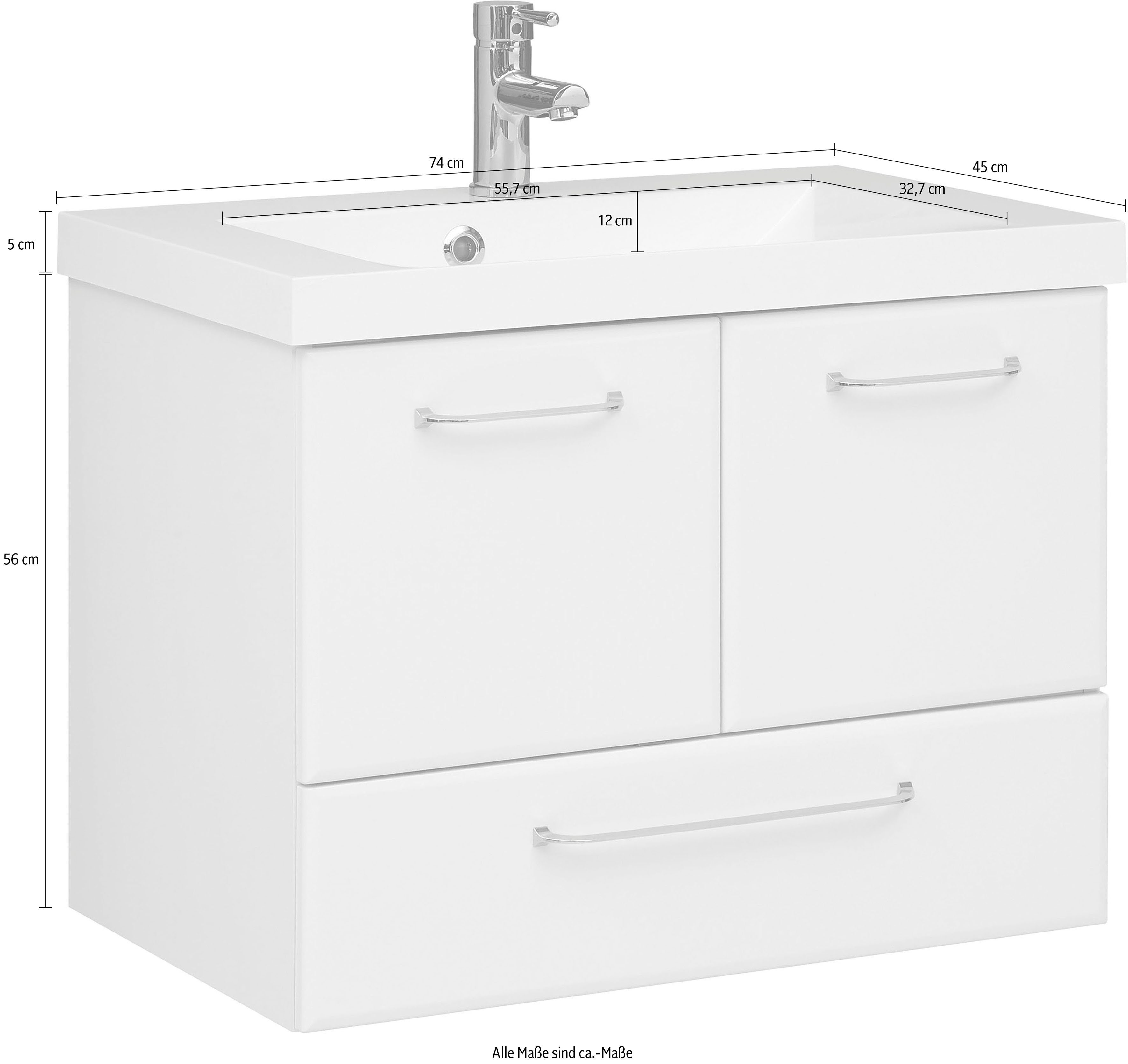 Saphir Wastafelonderkast Quickset mineralenmarmer wastafel met onderkast, 74 cm breed Wastafelmeubel, grepen glanzend chroom, inclusief deurdemper, 2 deuren, 1 lade