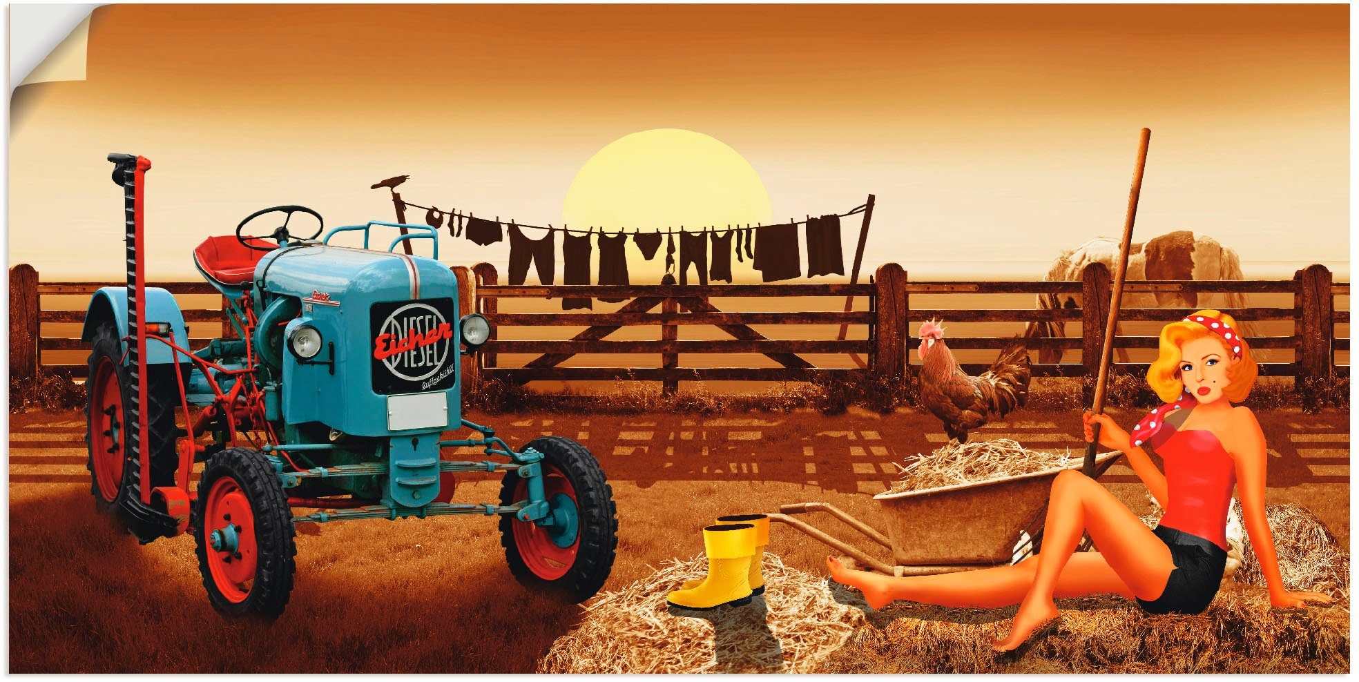 Artland Artprint Pin-upgirl met tractor op boerderij in vele afmetingen & productsoorten - artprint van aluminium / artprint voor buiten, artprint op linnen, poster, muursticker /