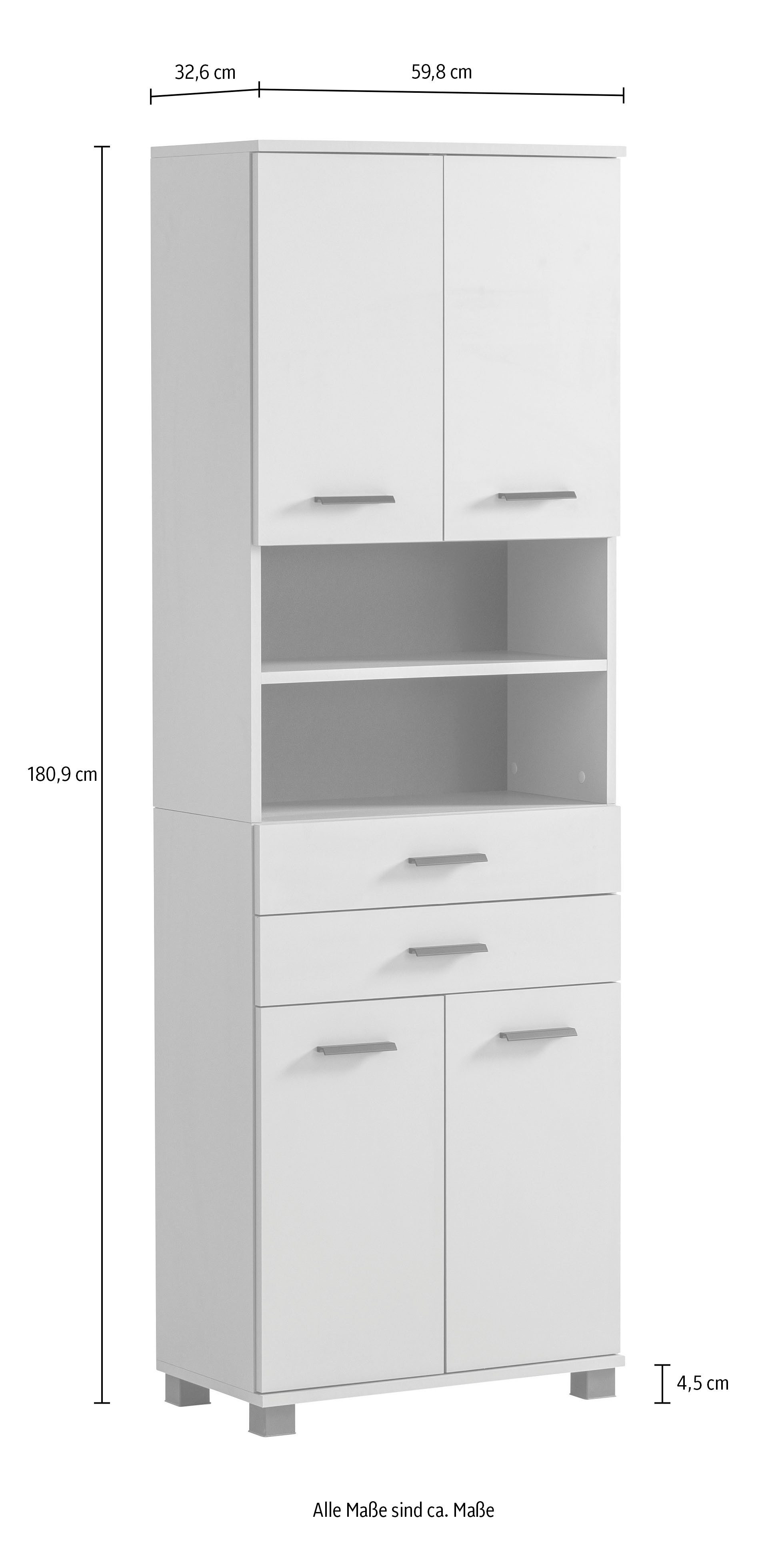 welltime Hoge kast Palermo, Made in Germany Breedte 60 cm, verstelbare planken, metalen grepen
