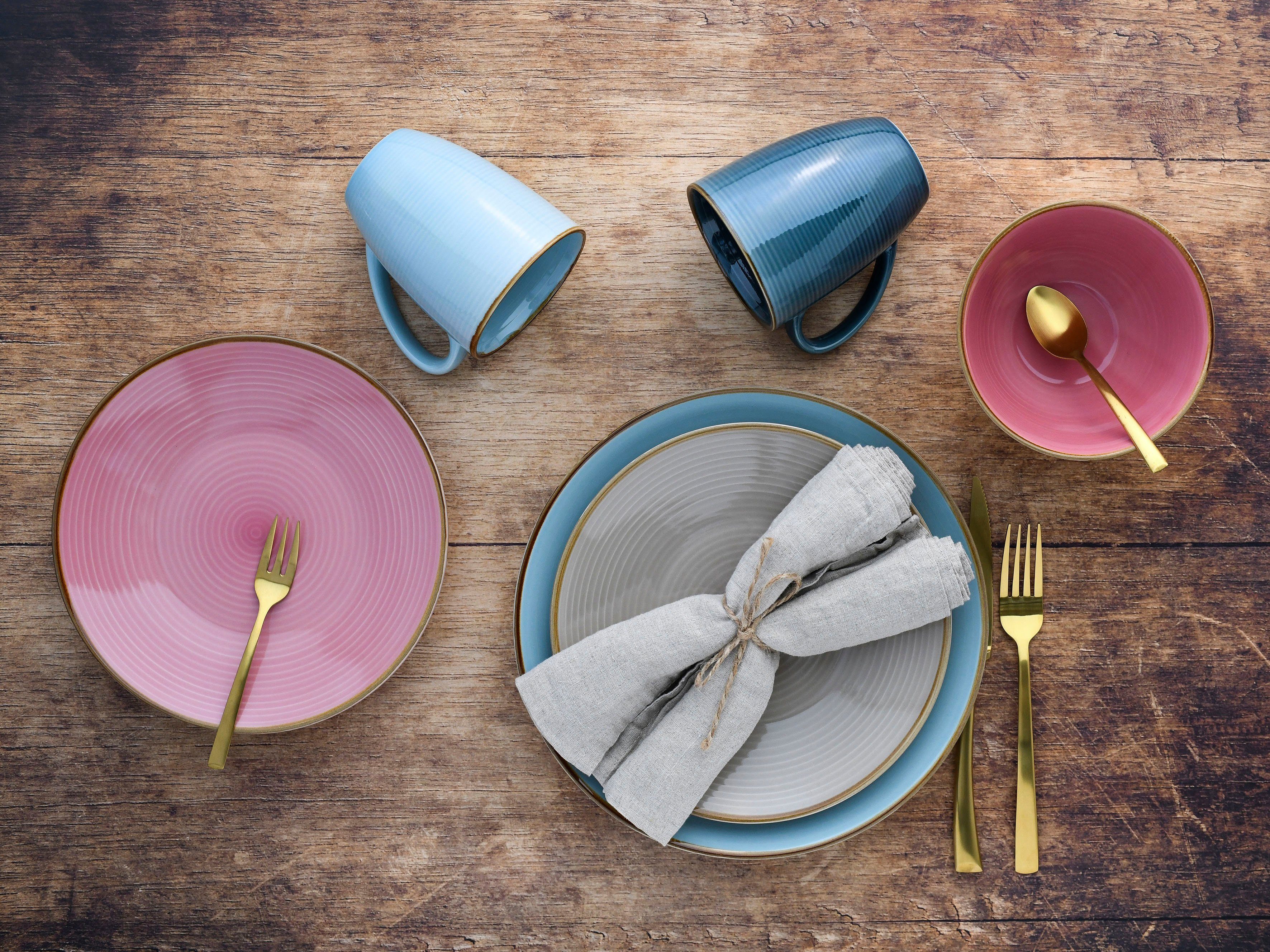 CreaTable Combi-servies Servies-set Cosy Day Servies, cirkelstructuur, in pastelkleuren, 16 delen, voor 4 personen (set, 16-delig)