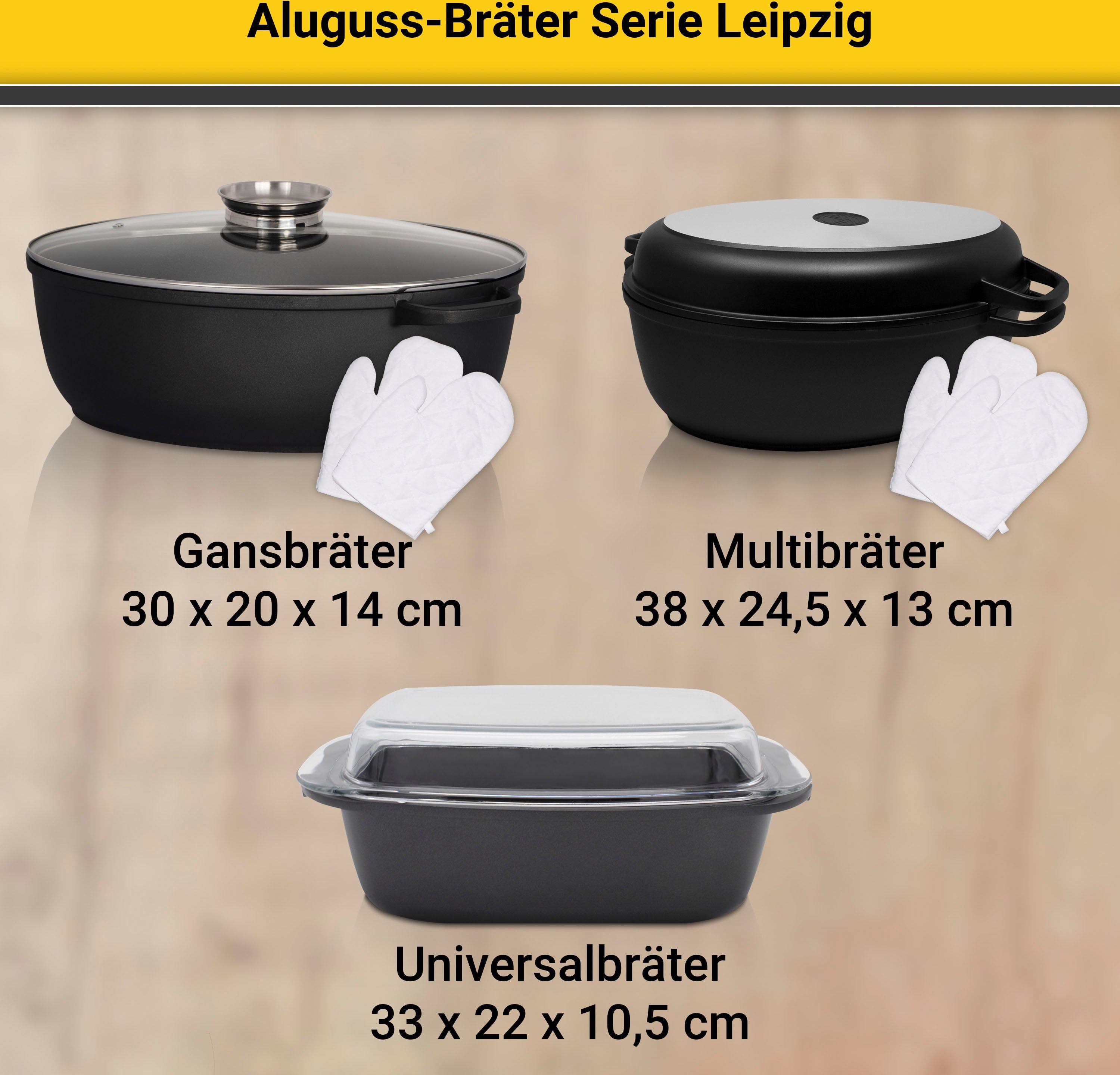 Krüger Braadpan Aluguss universele braadpan met glazen deksel LEIPZIG, 33 x 22 x 10,5 cm