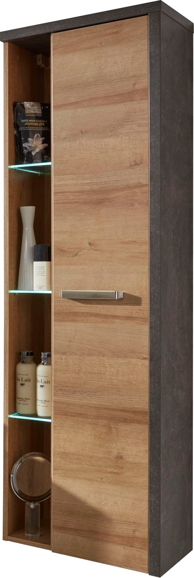 welltime Hoge kast Bilbao Hangende badkamerkast met binnen spiegelende deur en 3 glazen planken