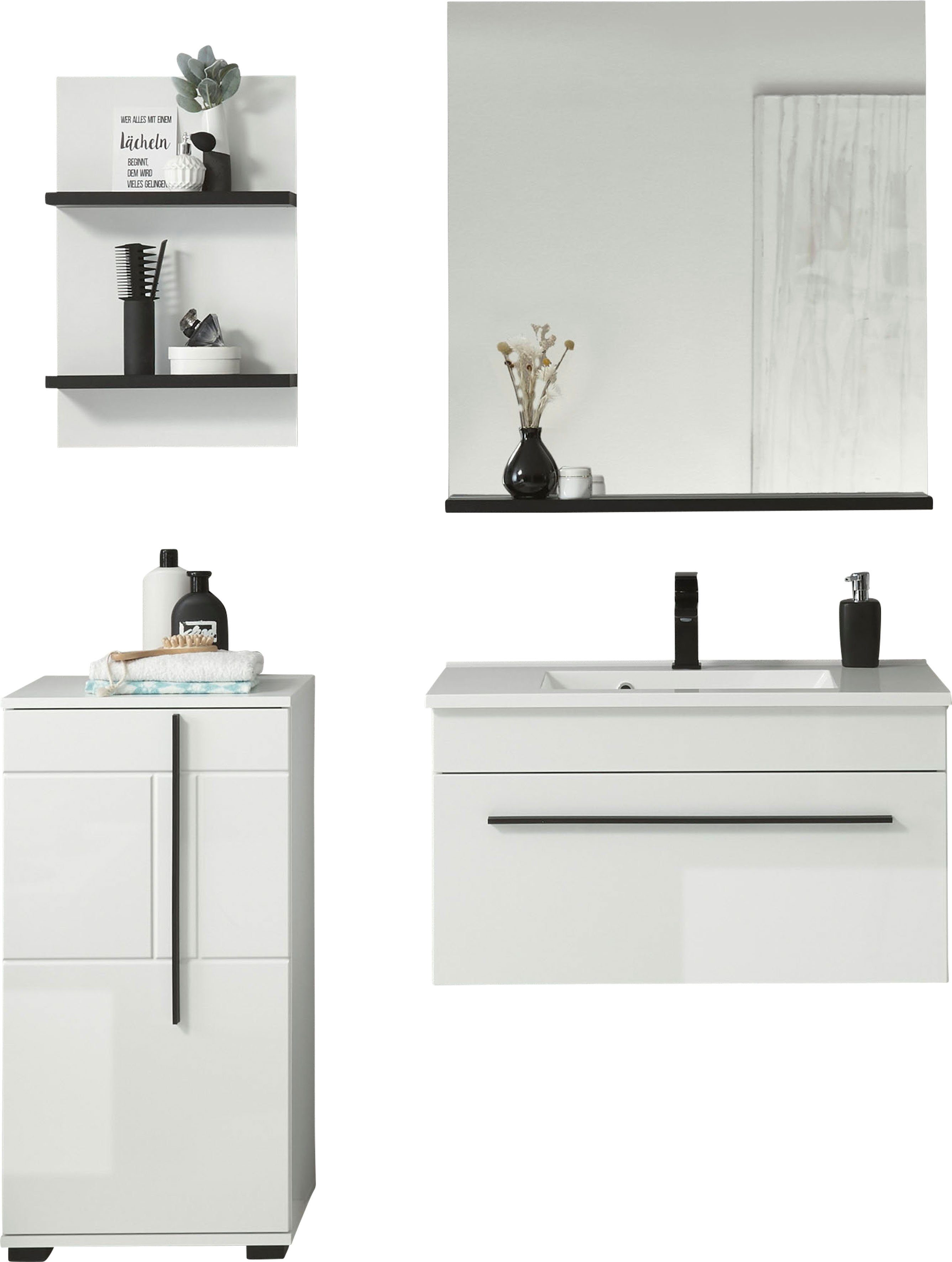 INOSIGN Badkamerserie Cantara, badkamer in modern ontwerp, 4-delig badkamer Waschtafel, kast, hangplank en spiegel, in wit hoogglans (set, 4-delig)