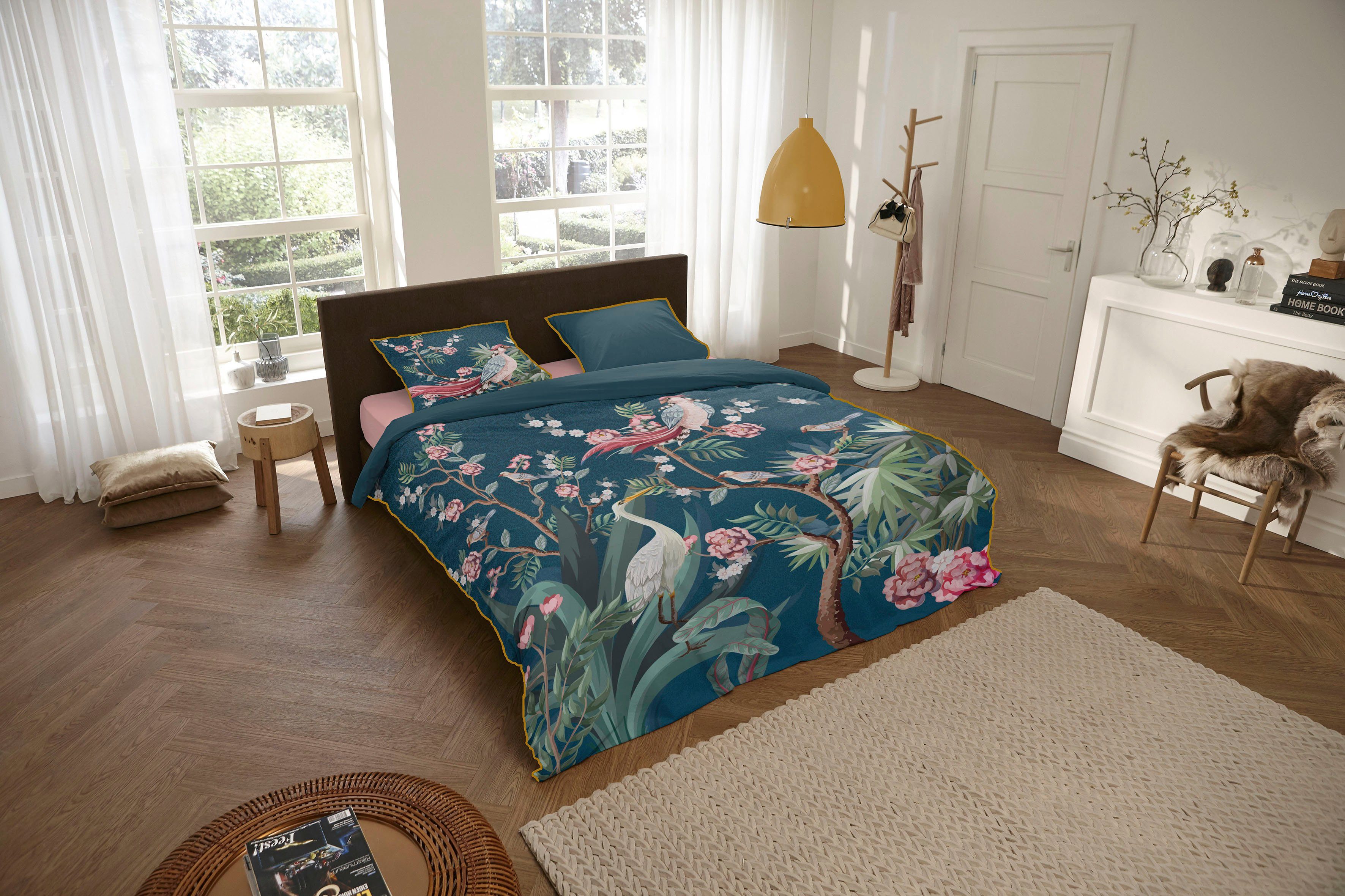 Descanso Tweezijdig te gebruiken overtrekset Sarenza Mako-satijn, 135x200, Bies, Rits, Omkeerbaar, Bloemen, Grijs (2-delig)