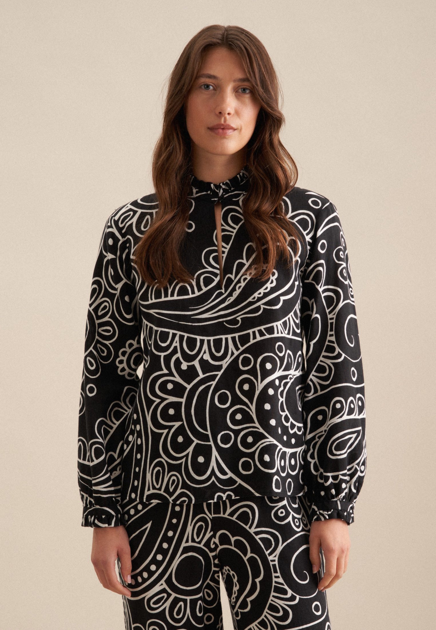 seidensticker Klassieke blouse Zwarte roos Lange mouwen ronde hals paisley dames blouses maat 4XL (48) zwart