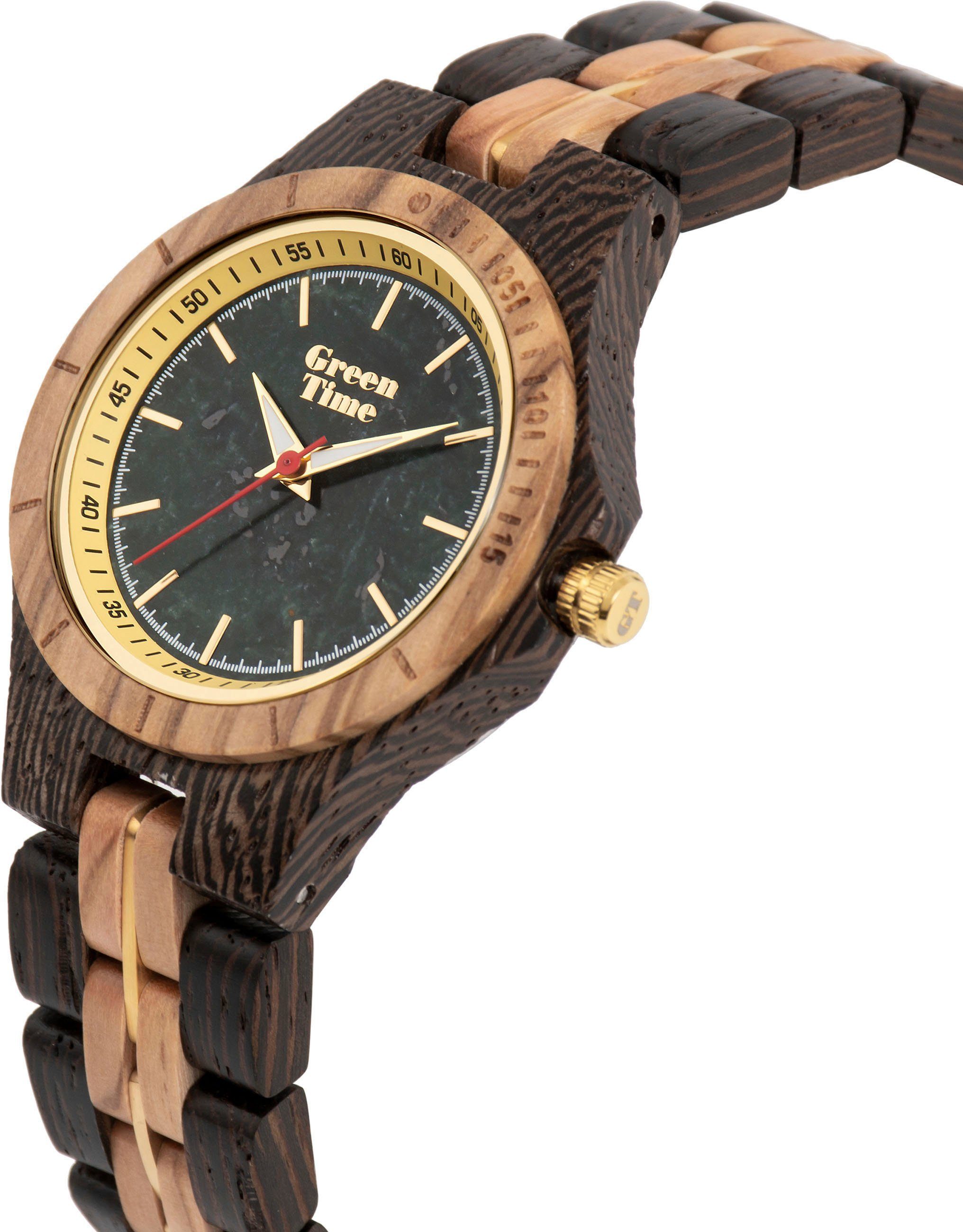 GreenTime Kwartshorloge ZW135E Polshorloge, dameshorloge, houten horloge, lichtgevende wijzers