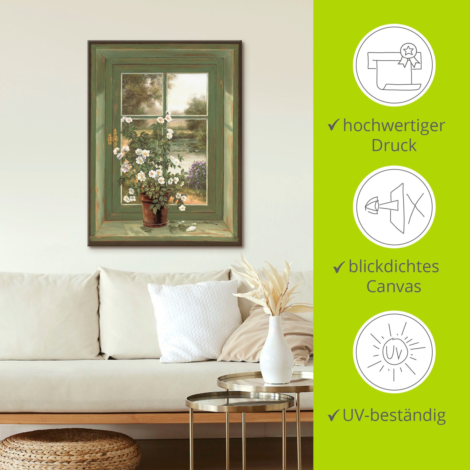 Artland Artprint Wilde rozen bij het raam als artprint van aluminium, artprint voor buiten, artprint op linnen, poster, muursticker