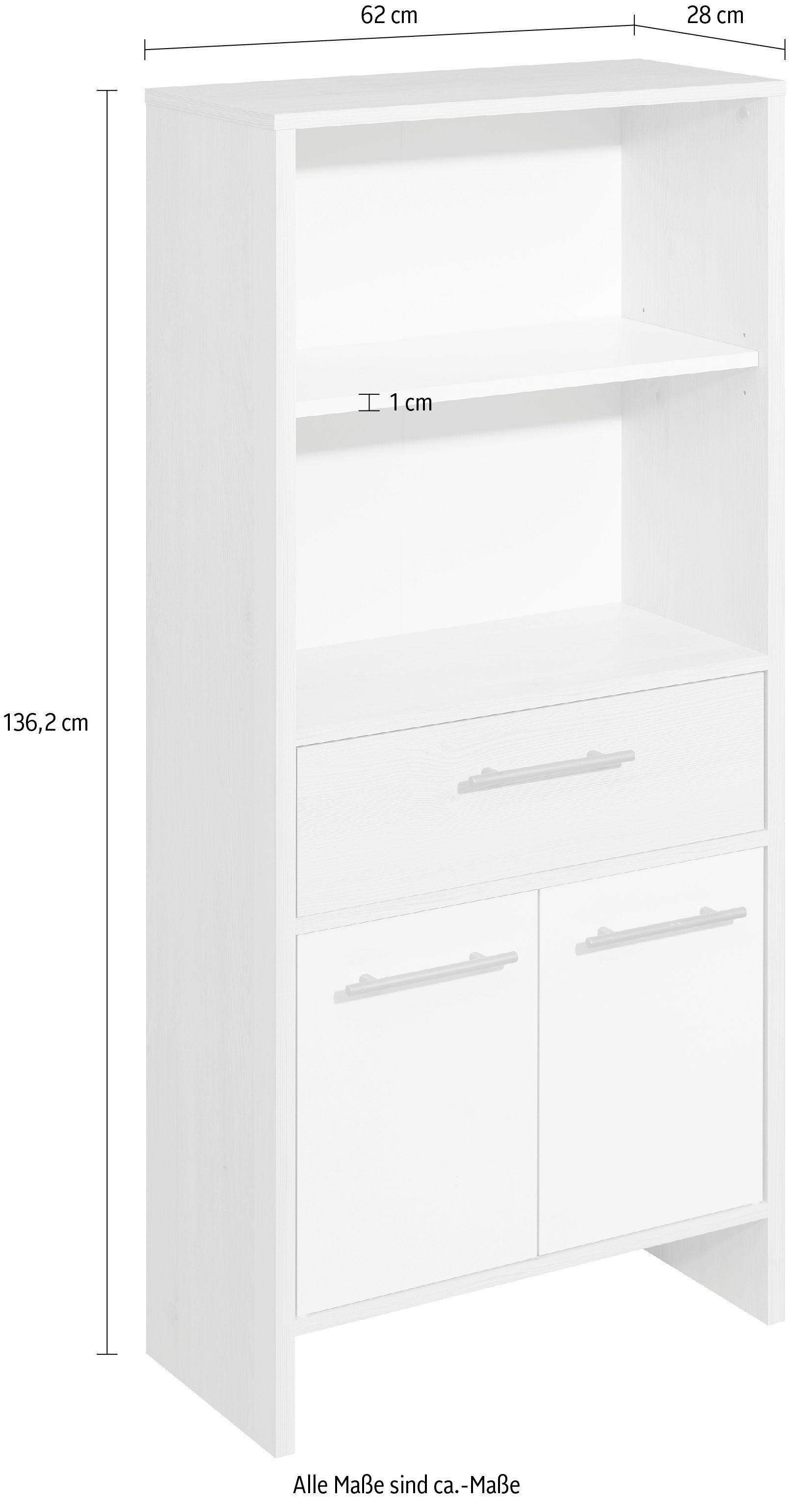 Saphir Halfhoge kast Quickset 350 Badkamermeubel 62 cm breed, 2 deuren, 1 lade, 2 vakken Badkamer midikast, licht dennenhout Ida, handgrepen in aluminiumkleur (1 stuk)
