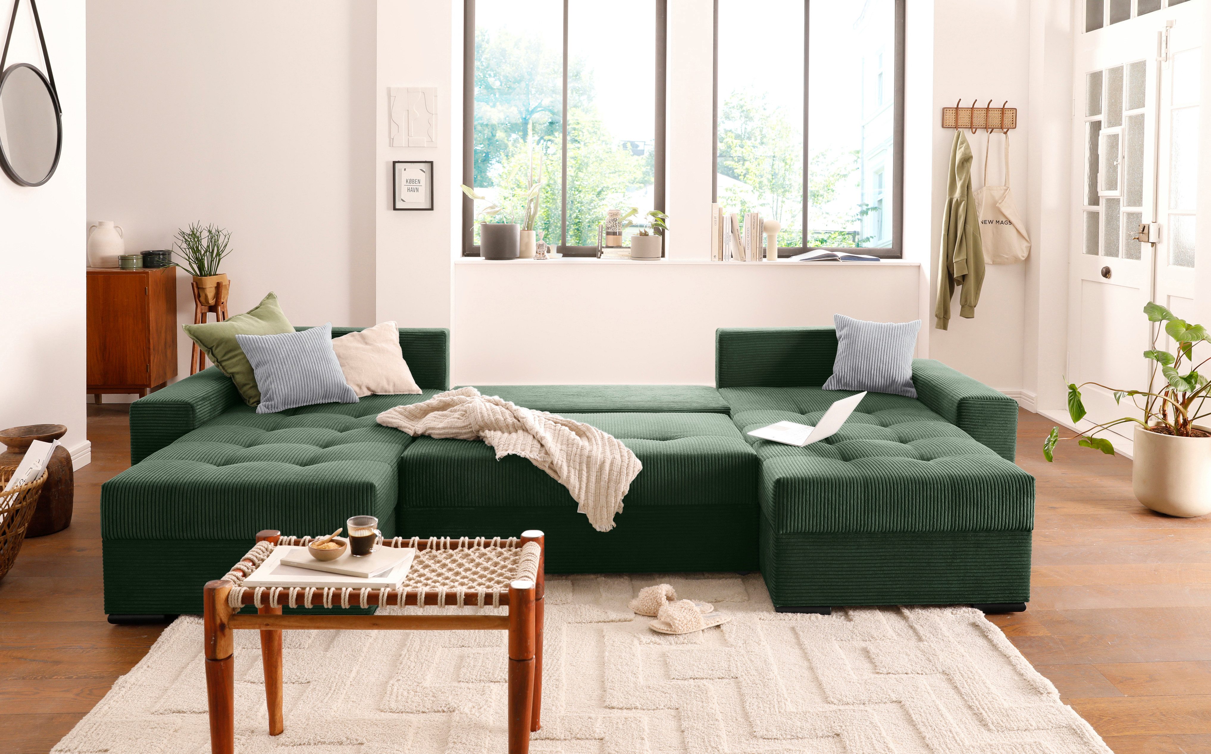 COLLECTION AB Zithoek XL-Josy U-vorm, breedte 313 cm, cord-/mix incl. bedfunctie, bedlade, met 4 gelijk grote rugkussens